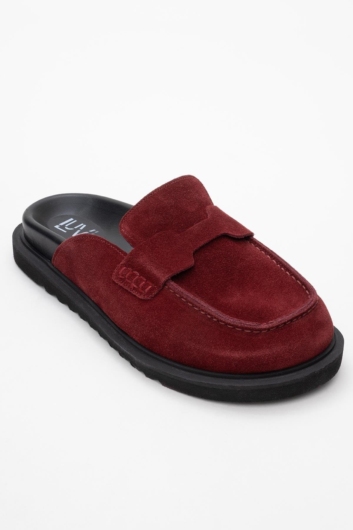 Laven - Suede Burgundy Leather Clogs – detail view showing leather, suede, red, Vowalisse
