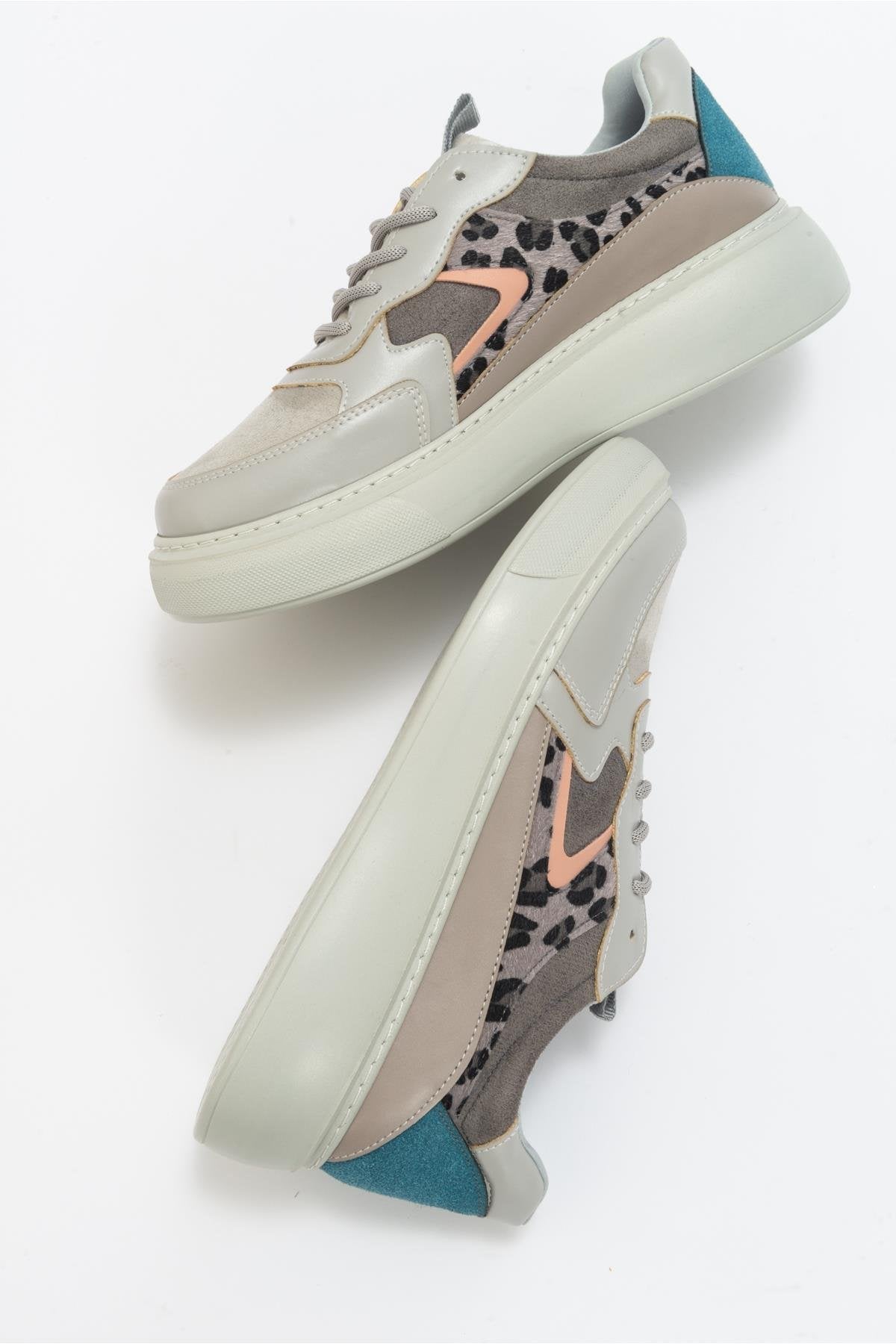 Ida - Grey Platform Sneakers – side view showing leather, Vowalisse