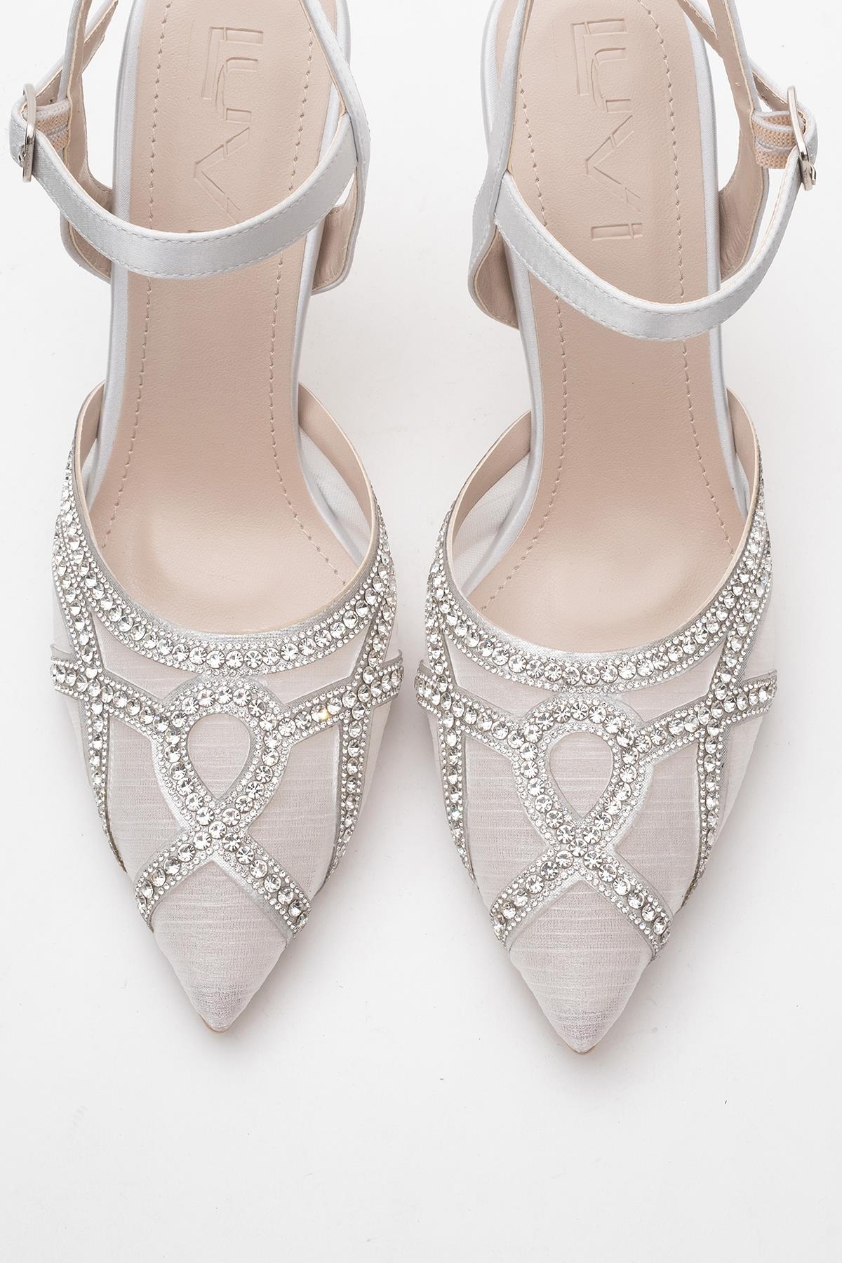 Volby - Silver Embellished Evening Shoe – side view showing satin, leather, silver, Vowalisse
