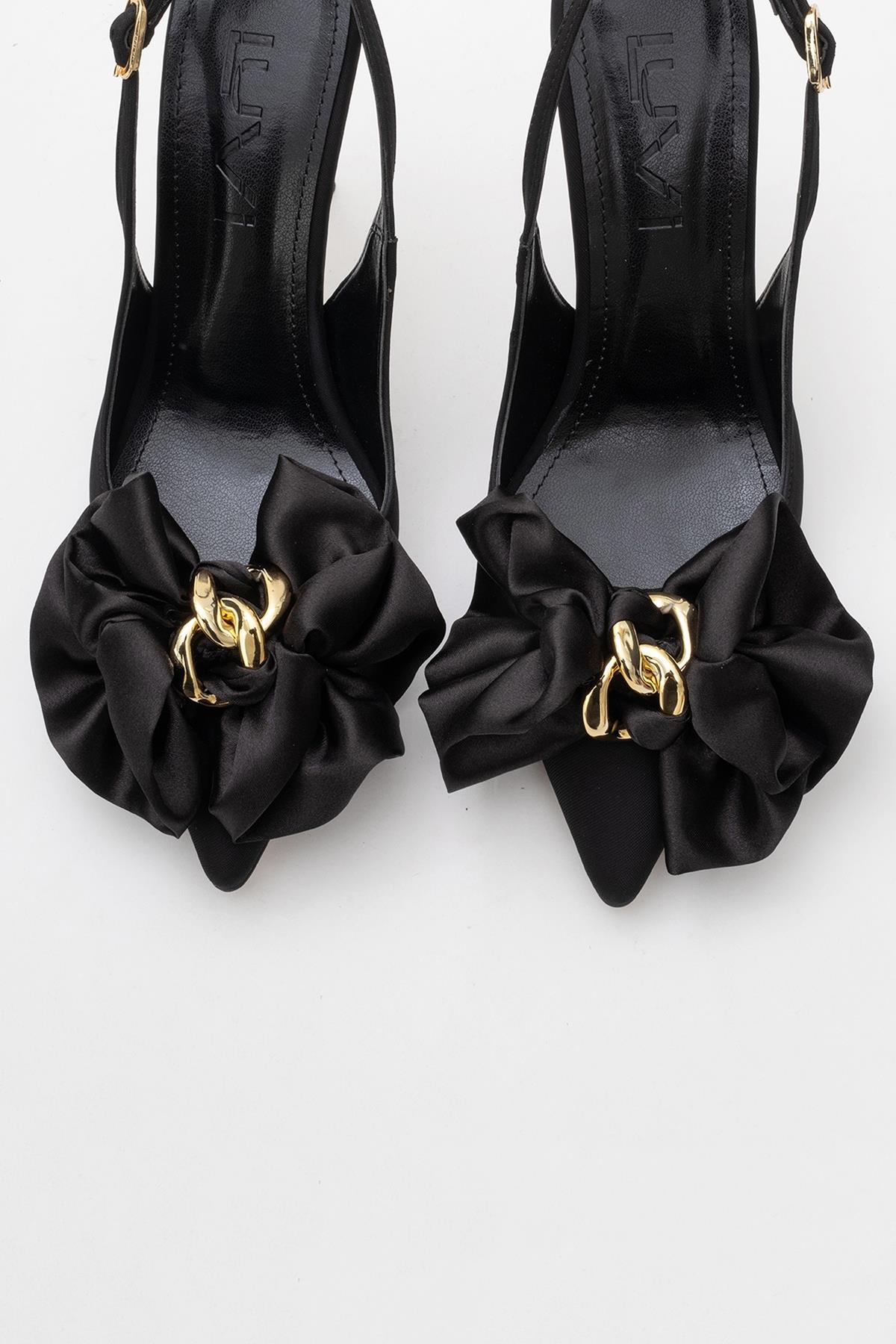 Noria - Black Floral Slim Heel Pump – side view showing leather, black, Vowalisse