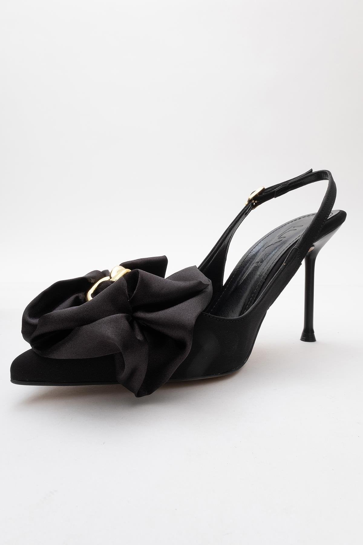 Noria - Black Floral Slim Heel Pump – heel view showing leather, black, Vowalisse