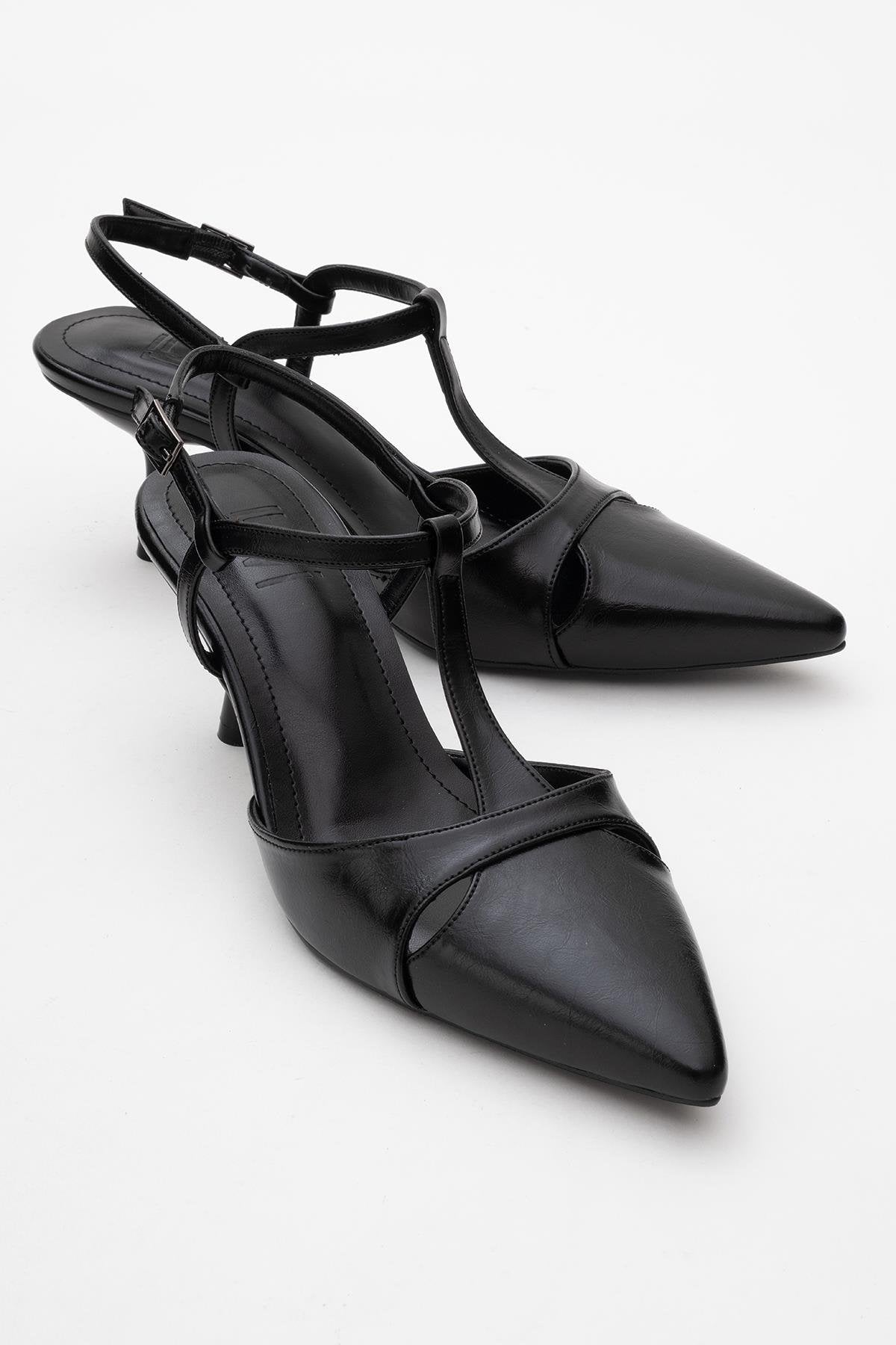 Abelia - Black Slim Heel Pump – front three-quarter view showing leather, black, Vowalisse