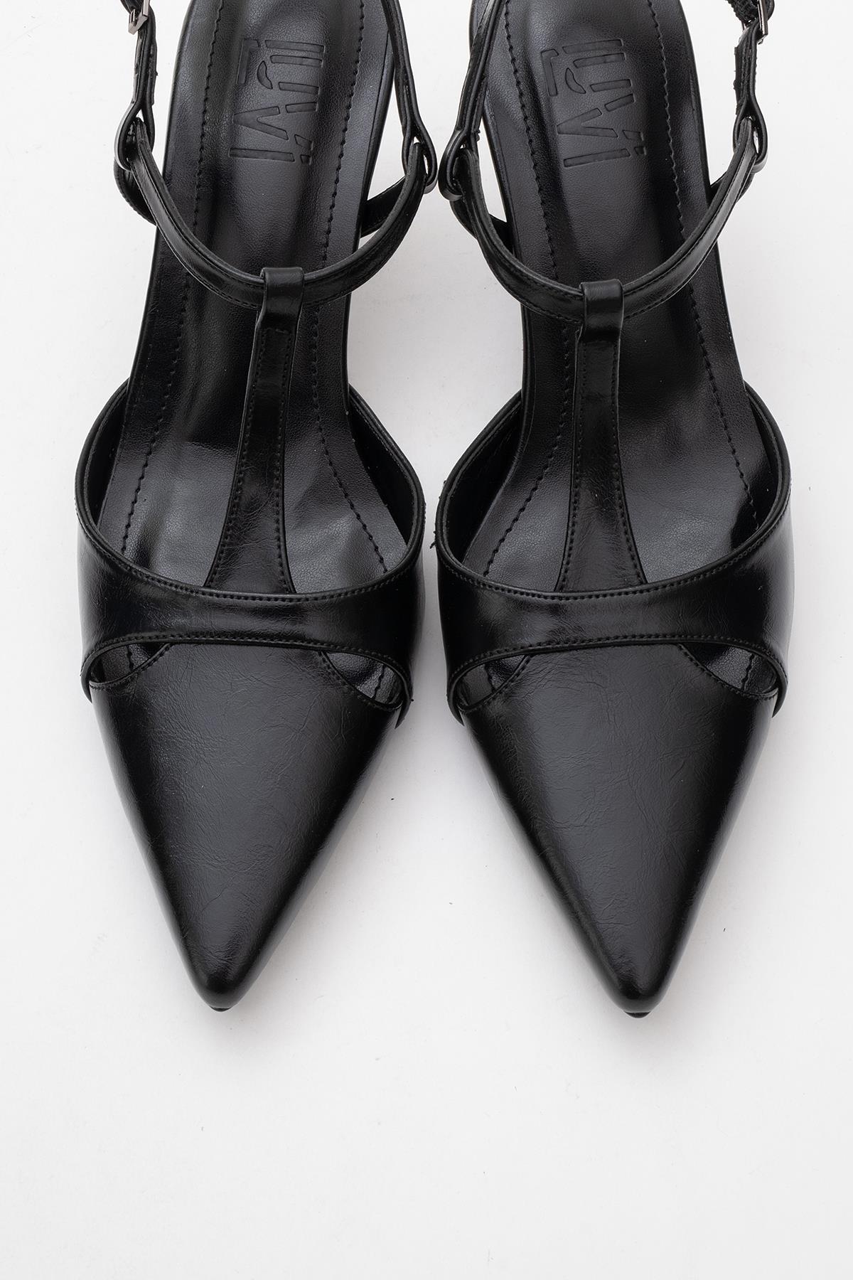 Abelia - Black Slim Heel Pump – side view showing leather, black, Vowalisse