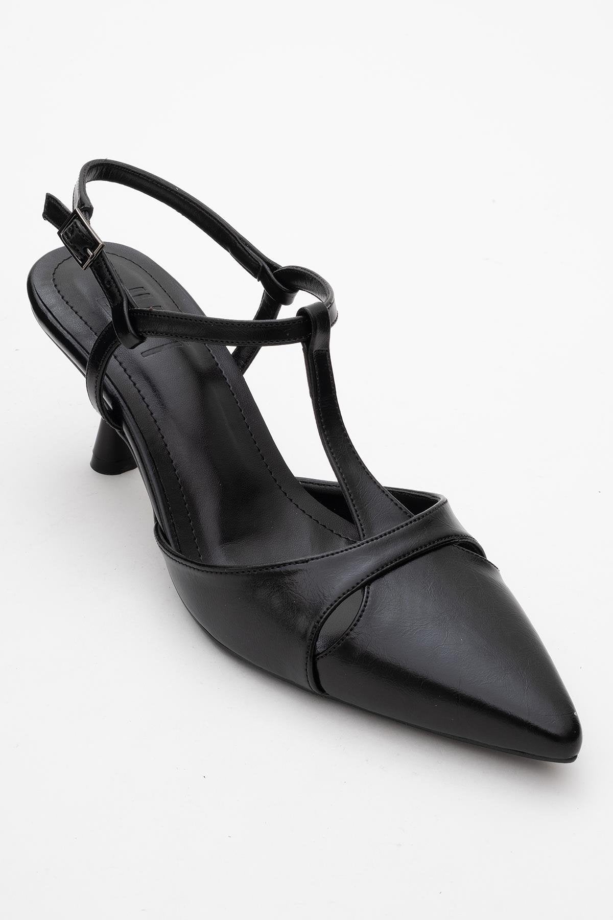 Abelia - Black Slim Heel Pump – detail view showing leather, black, Vowalisse