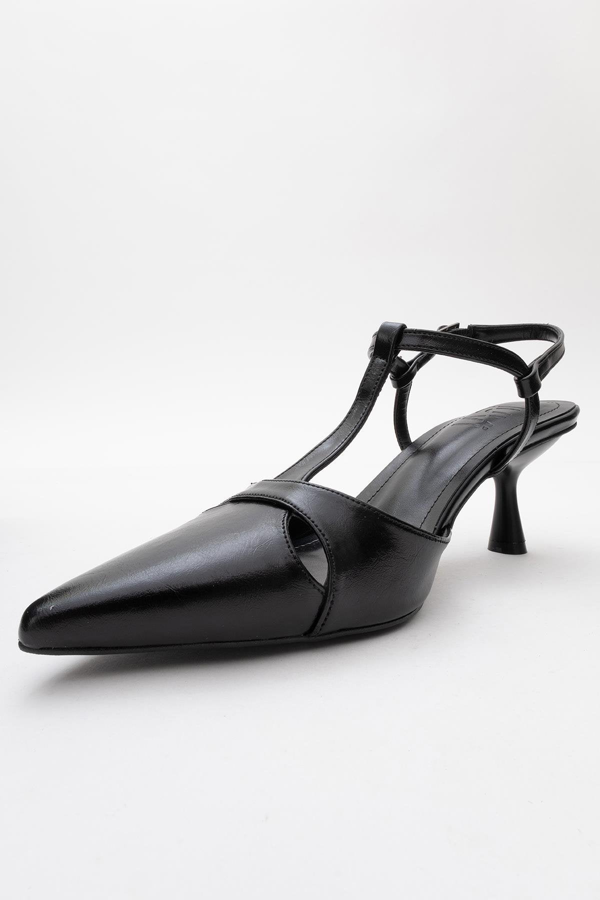 Abelia - Black Slim Heel Pump – heel view showing leather, black, Vowalisse