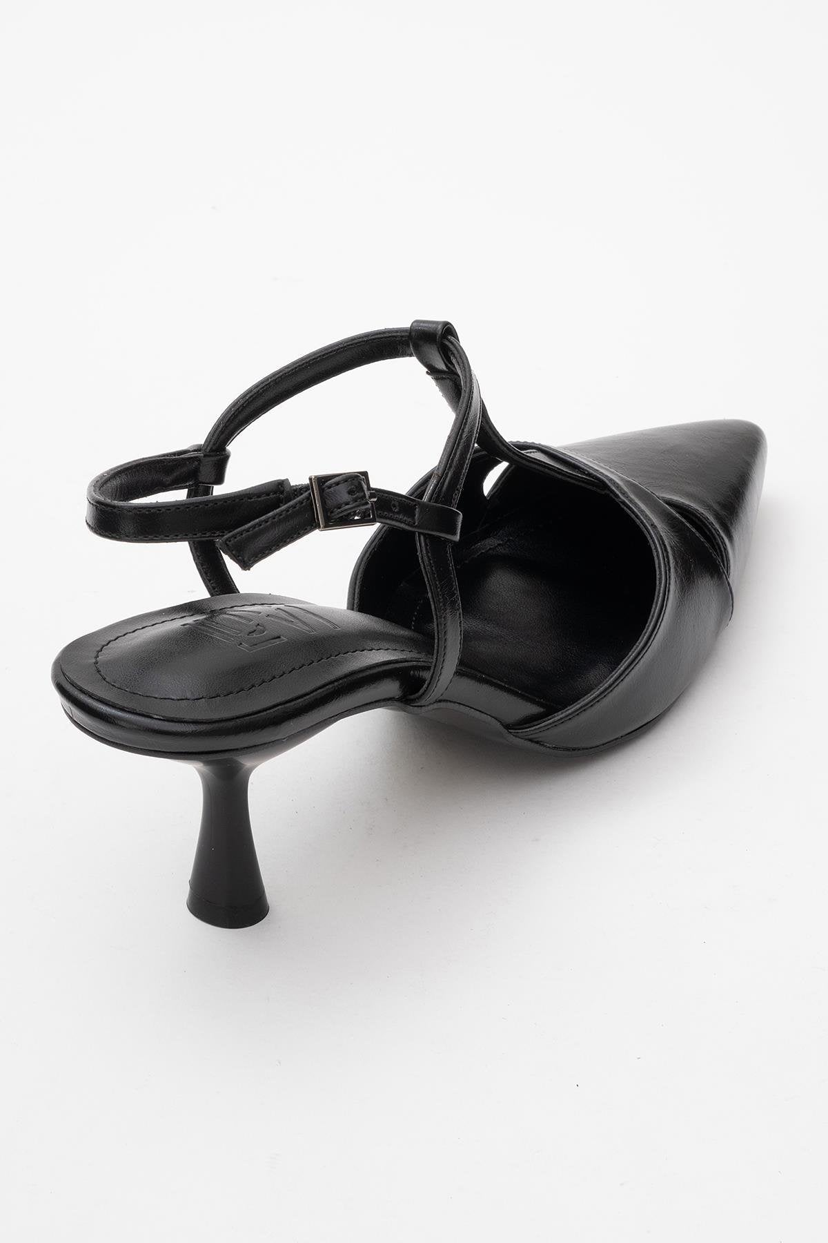 Abelia - Black Slim Heel Pump – back view showing leather, black, Vowalisse