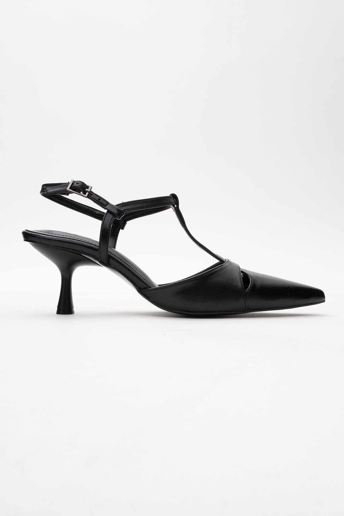 Abelia - Black Slim Heel Pump – top view showing leather, black, Vowalisse