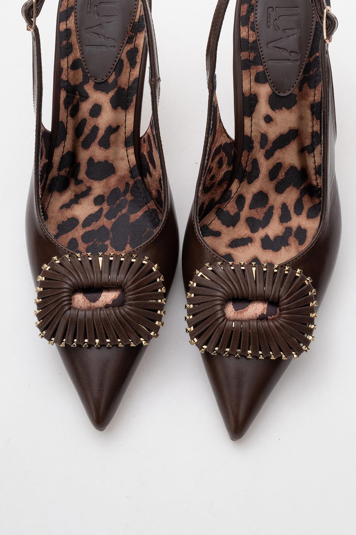 Spera - Brown Patterned Buckle Slingback Stiletto – side view showing leather, Vowalisse