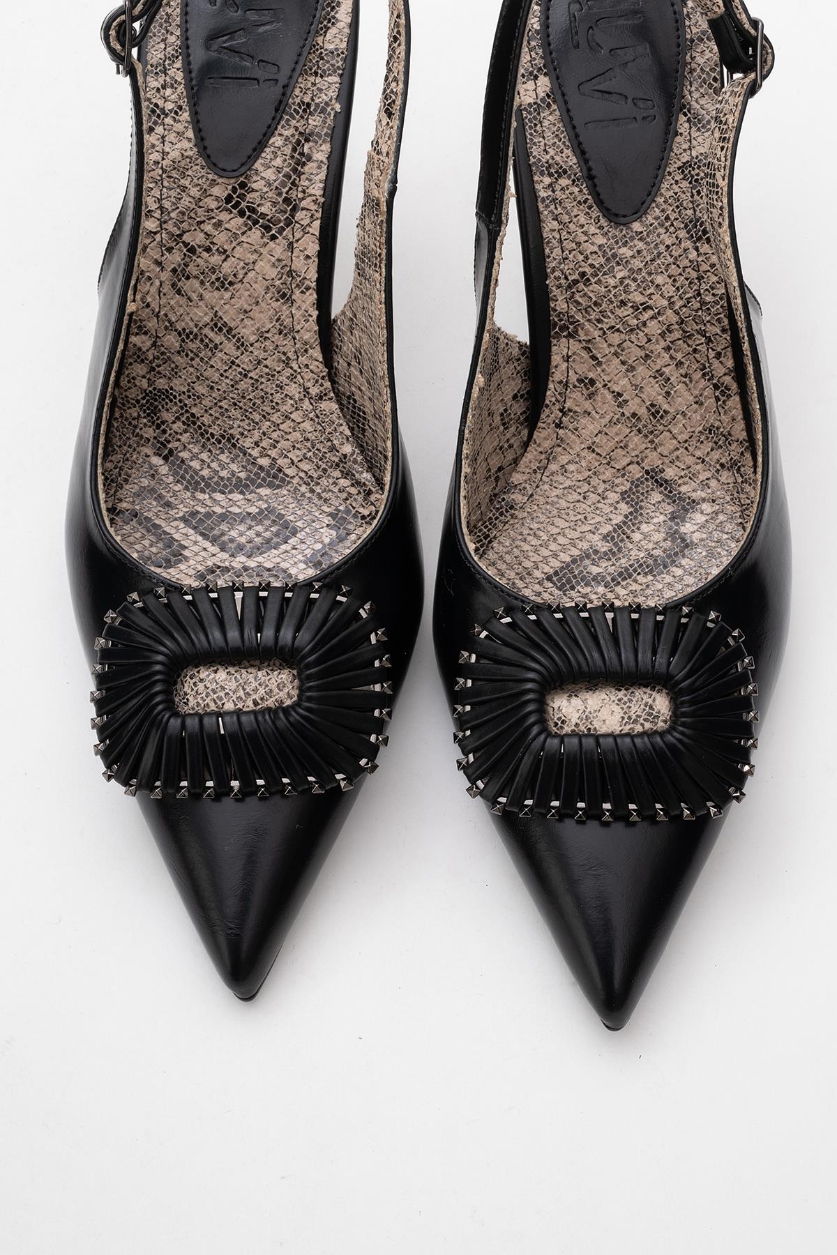 Spera - Black Patterned Buckle Slingback Stiletto – side view showing leather, black, Vowalisse