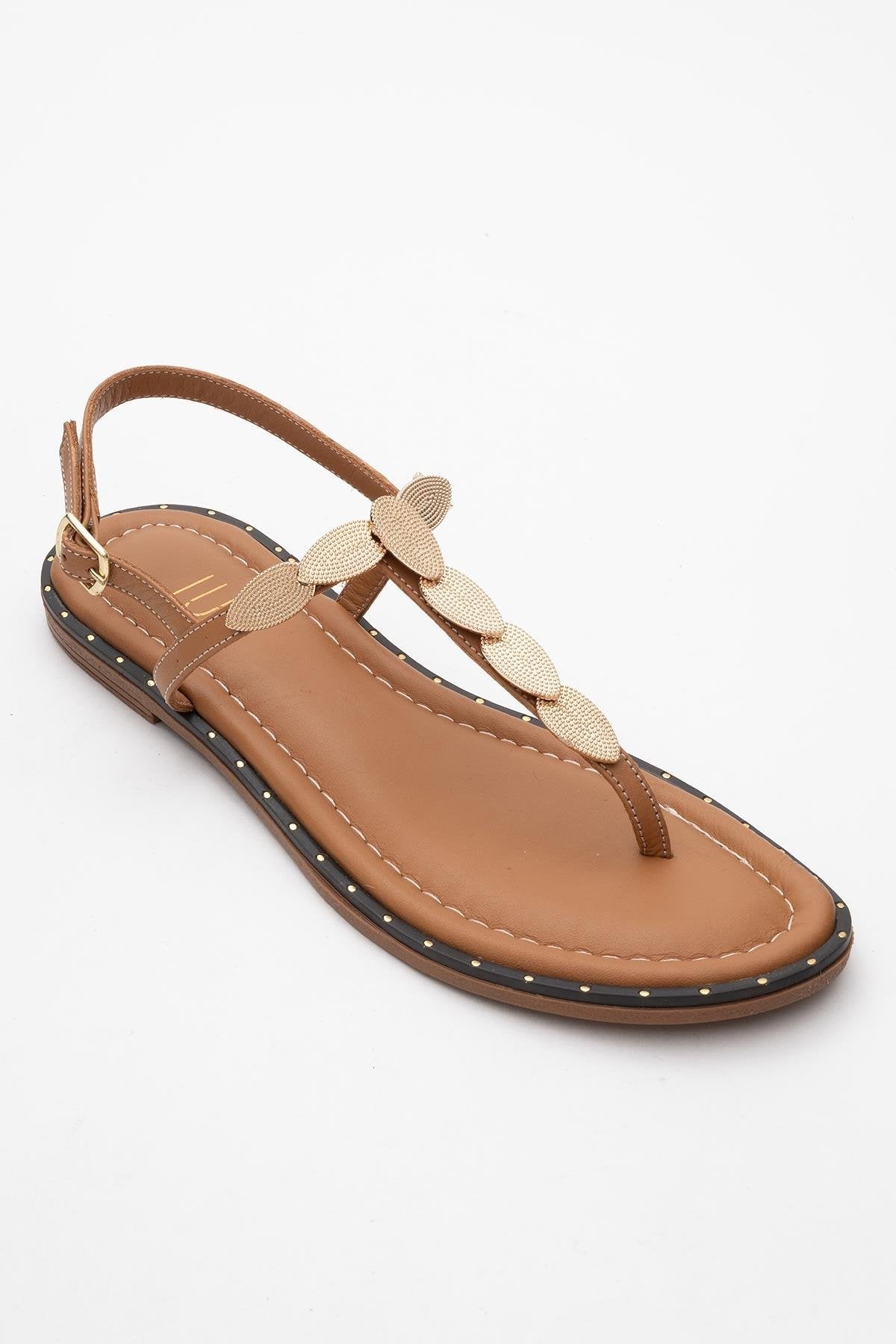 Marea - Cognac Brown Leather Flat Sandal – detail view showing leather, Vowalisse