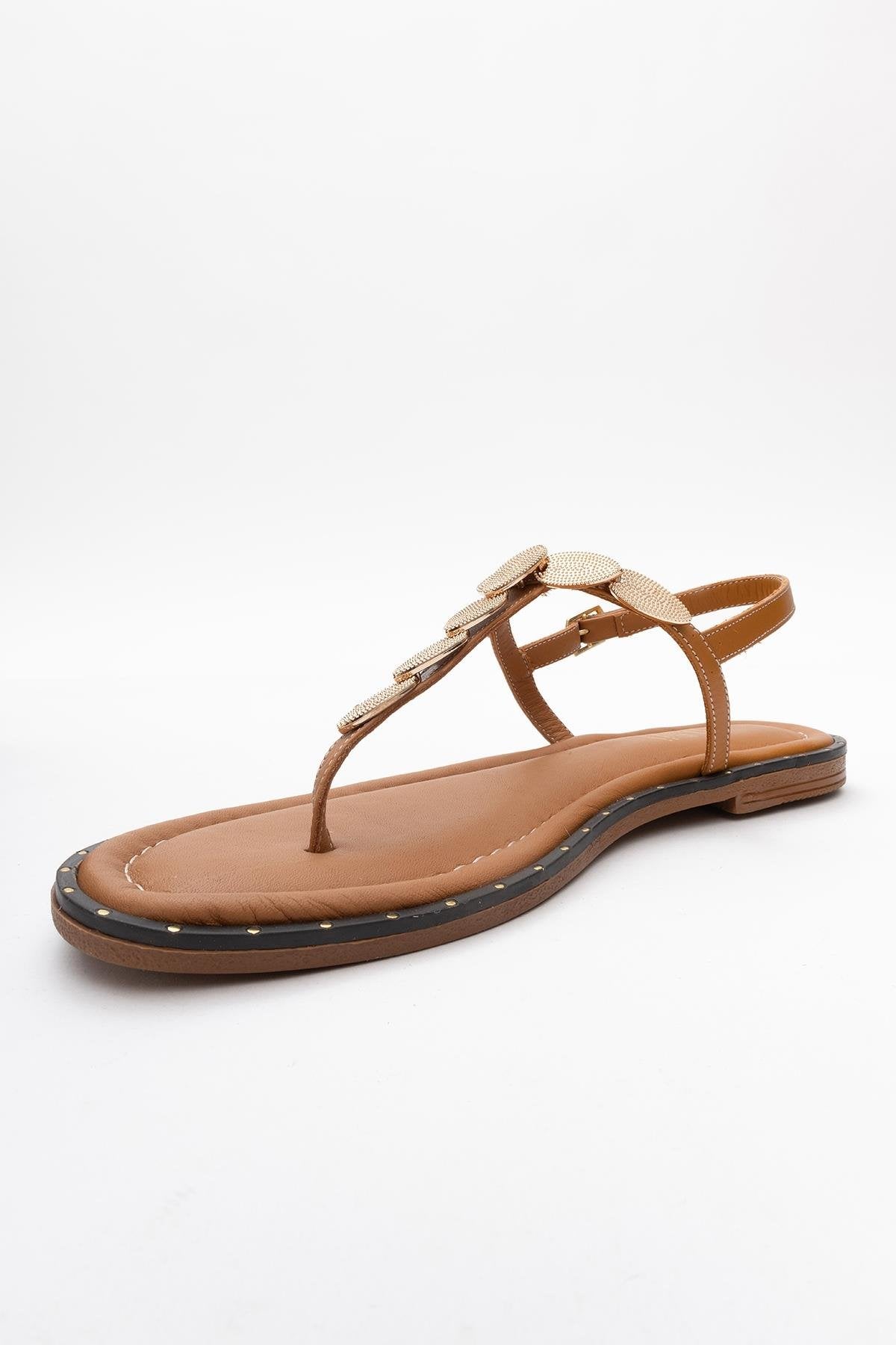 Marea - Cognac Brown Leather Flat Sandal – heel view showing leather, Vowalisse