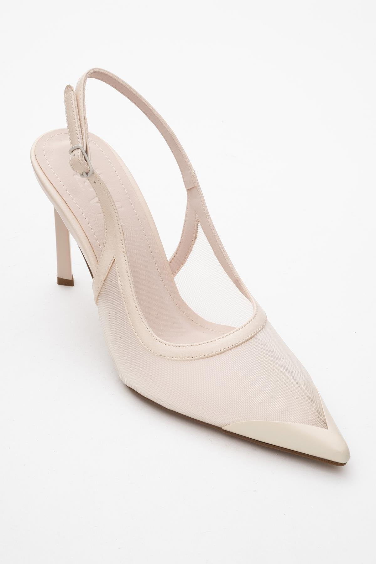 Venas - Beige Mesh High Heel Shoe – detail view showing leather, mesh, Vowalisse