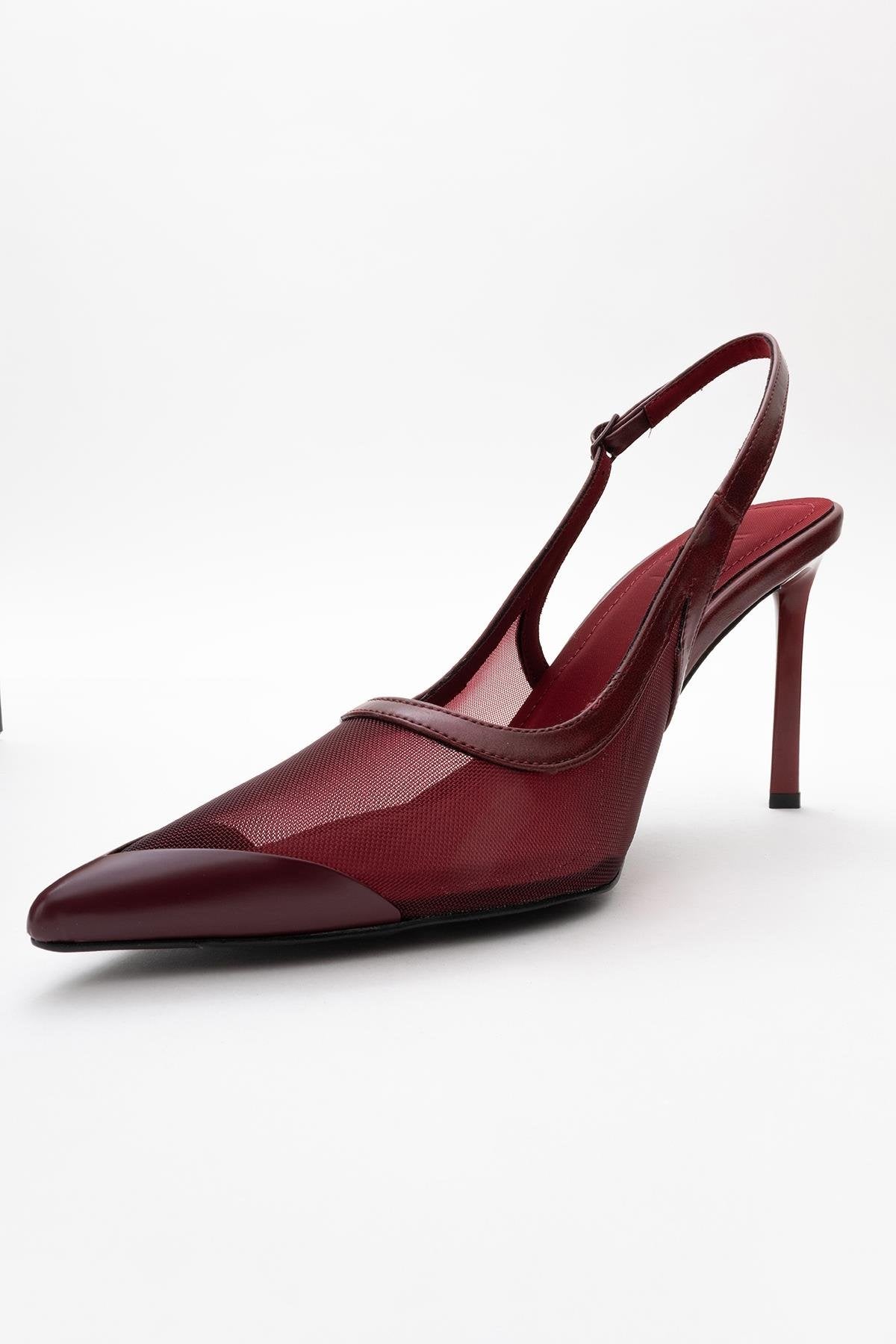 Venas - Burgundy Mesh High Heel Shoe – heel view showing leather, mesh, Vowalisse