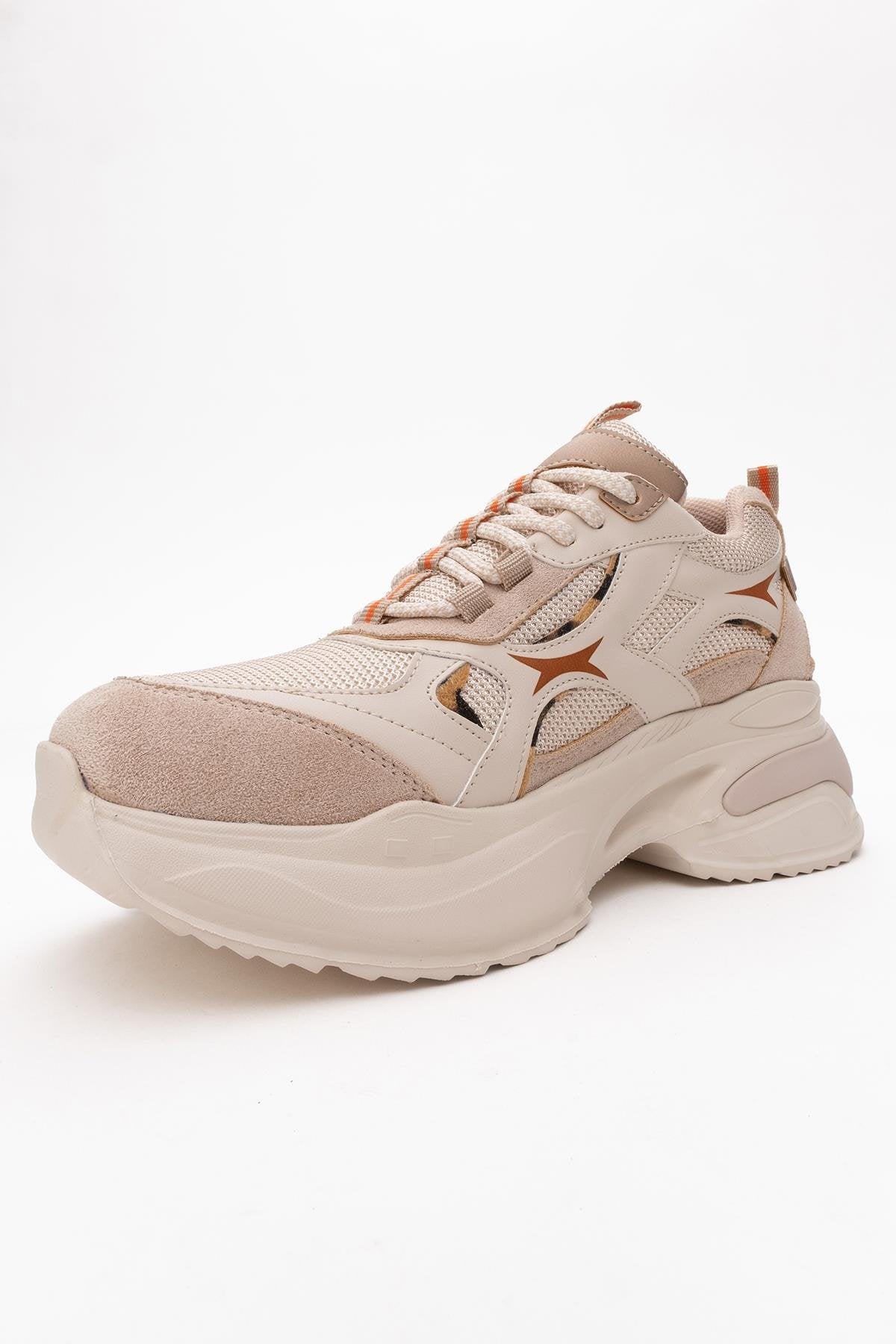 Marron - Beige Patterned Sneaker – heel view showing leather, Vowalisse