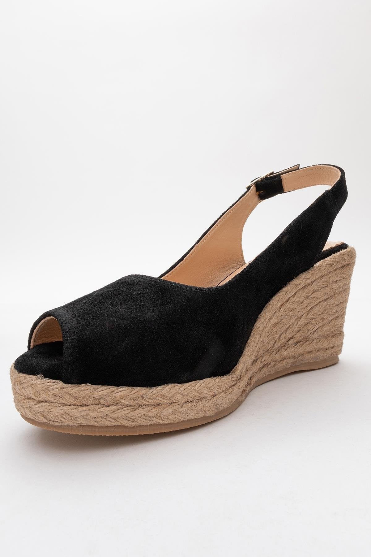 Ryan - Black Suede Leather Espadrilles – heel view showing leather, suede, black, Vowalisse