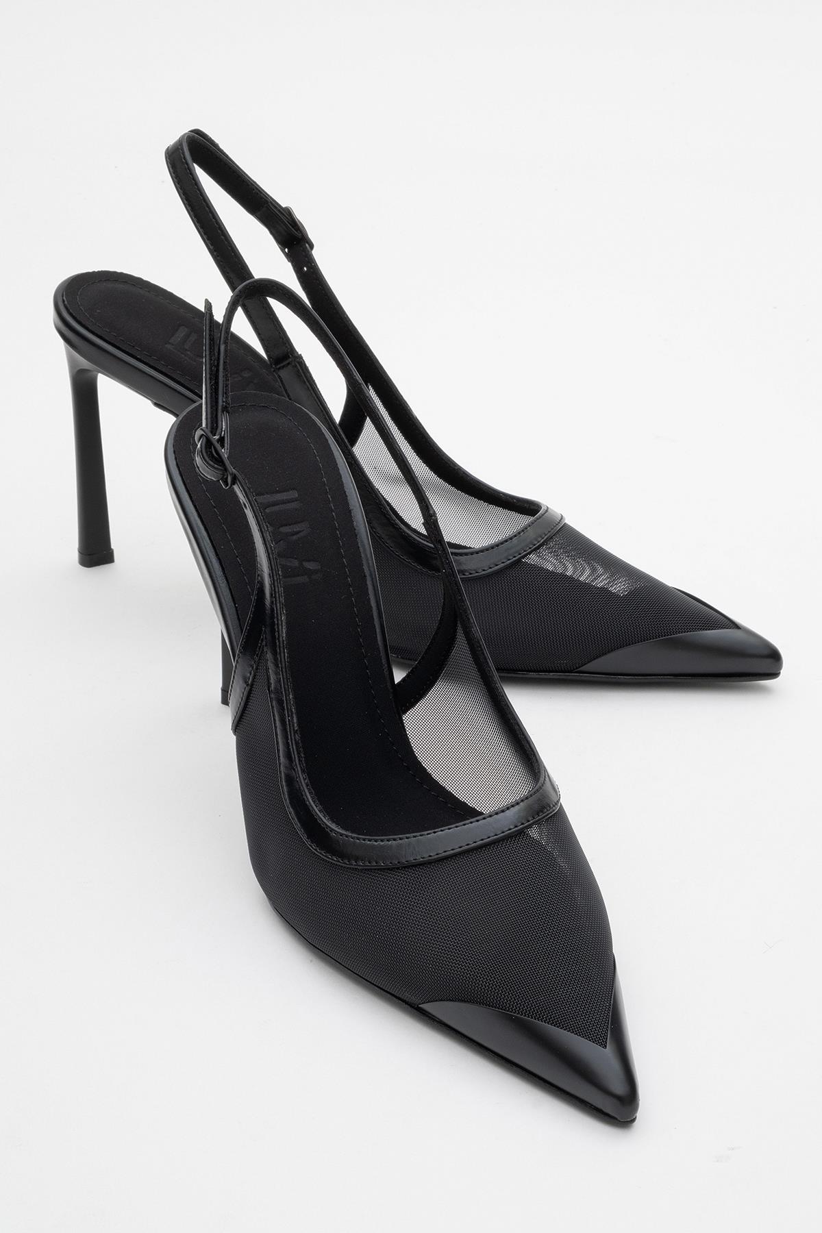 Venas - Black Mesh Slingback Stiletto – front three-quarter view showing leather, mesh, black, Vowalisse