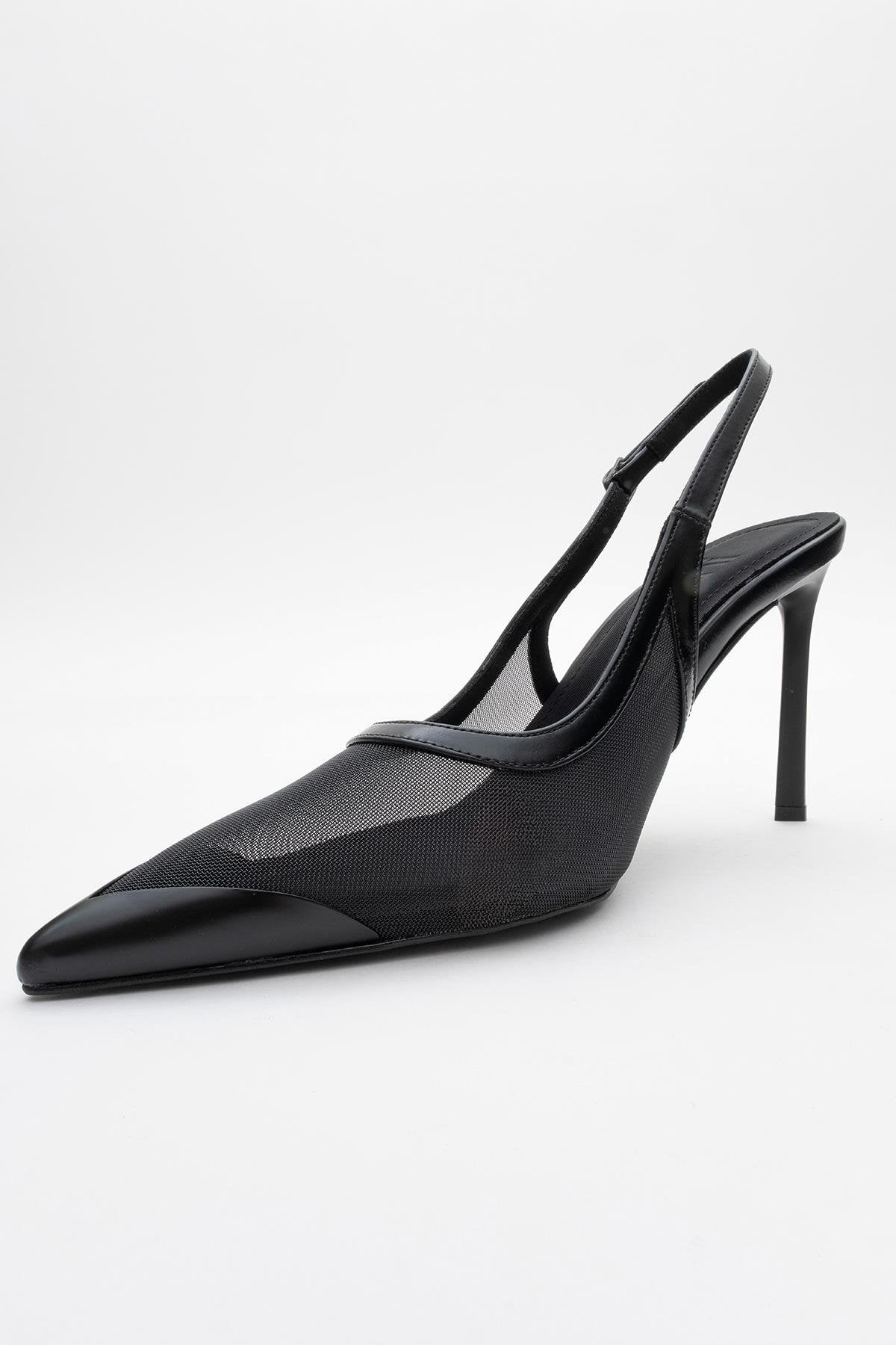 Venas - Black Mesh Slingback Stiletto – heel view showing leather, mesh, black, Vowalisse