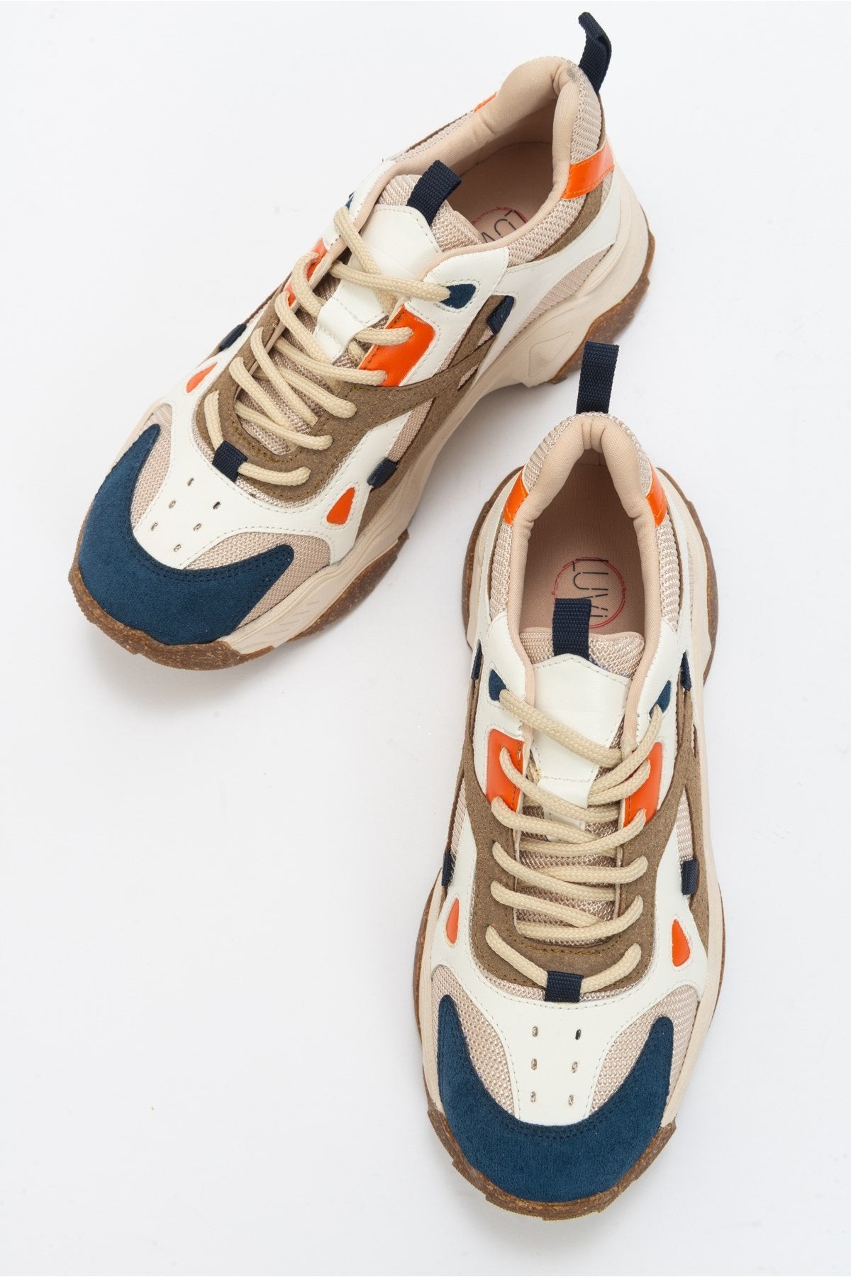 Loretta - Navy Multi Sneaker – side view showing leather, Vowalisse