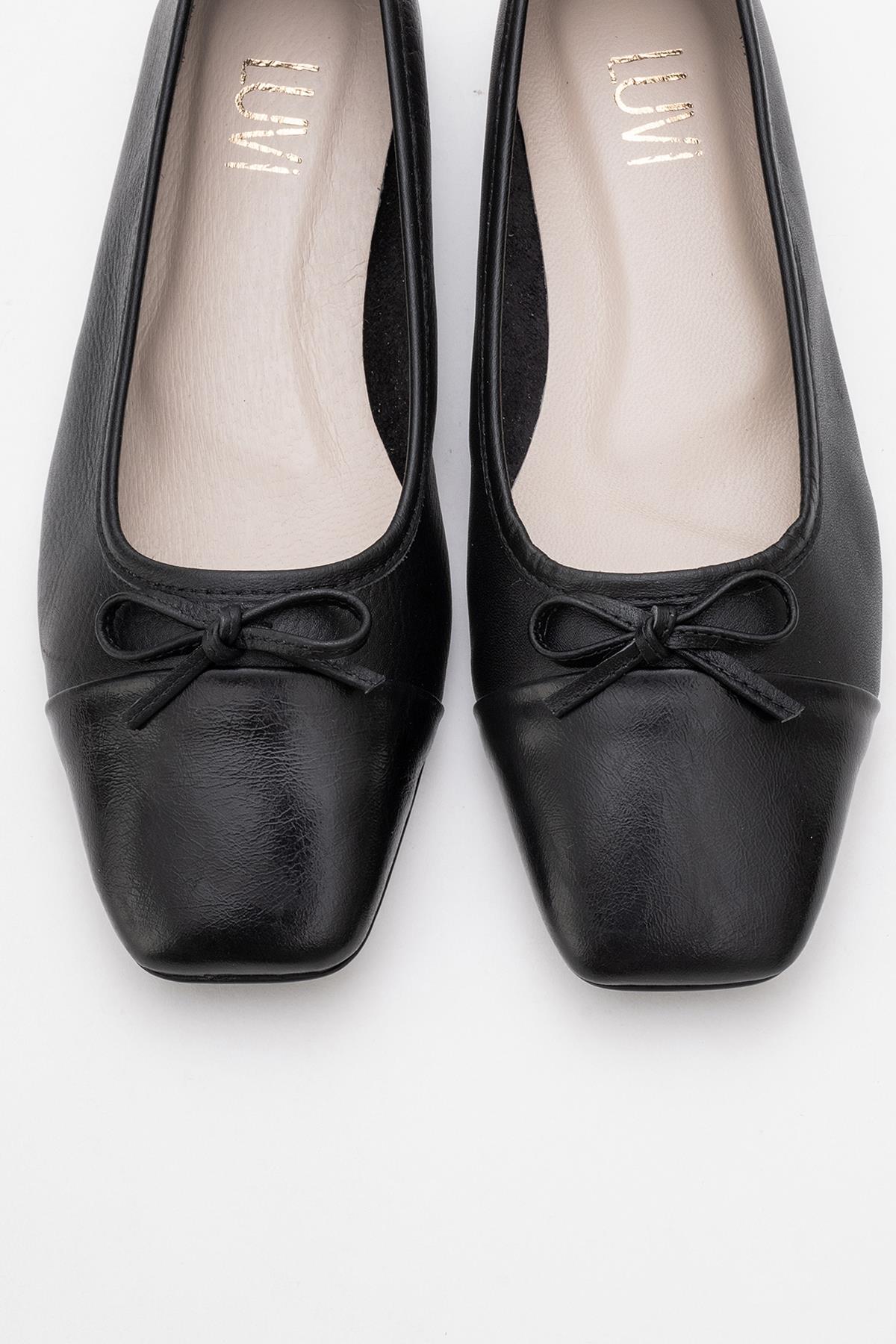 Romy - Black Genuine Leather Square-Toe Bow Ballet Flat – side view showing bow, leather, black, Vowalisse