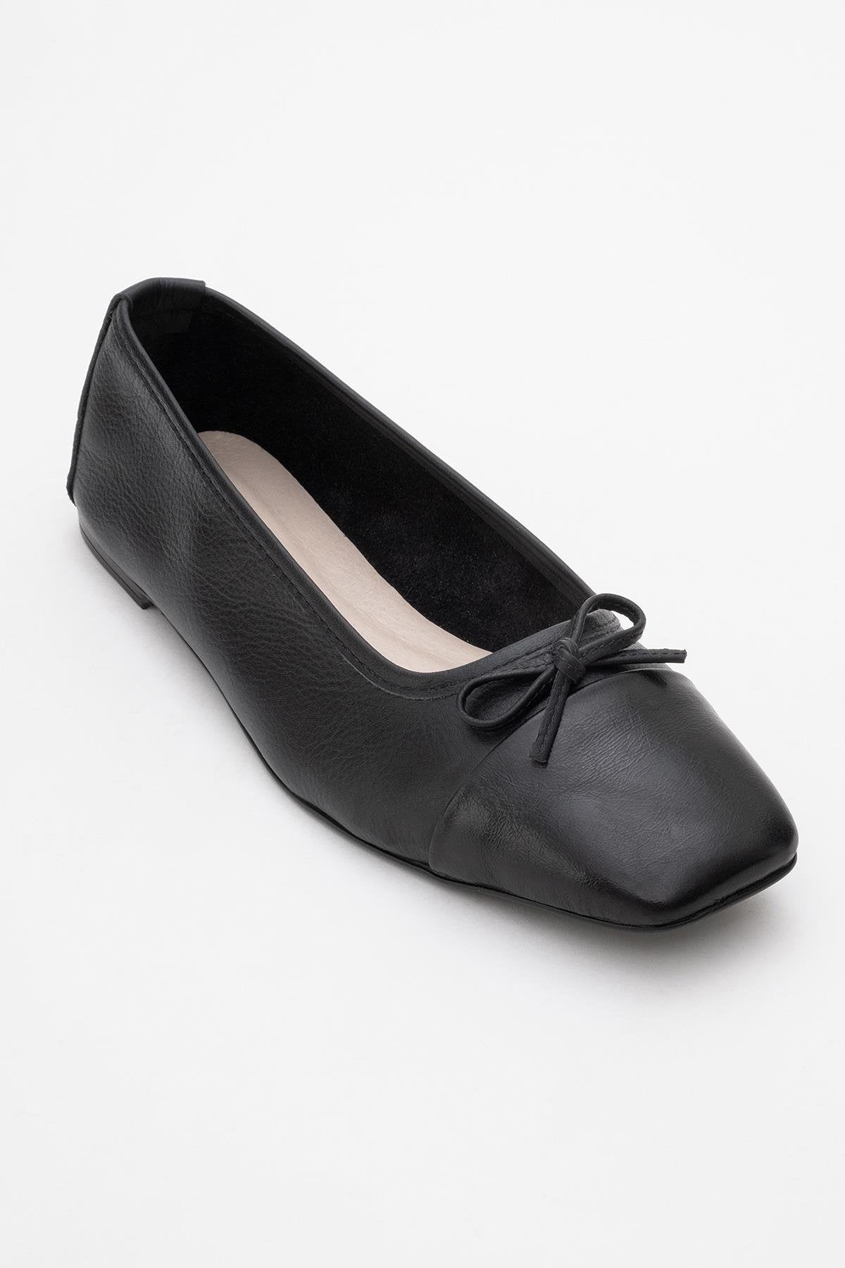 Romy - Black Genuine Leather Square-Toe Bow Ballet Flat – detail view showing bow, leather, black, Vowalisse