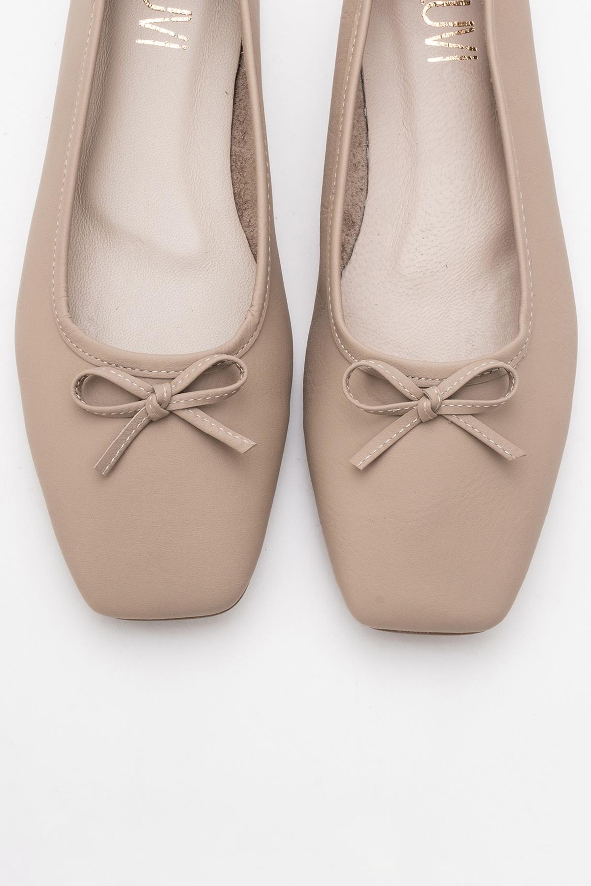 Sosa - Beige Genuine Leather Square-Toe Bow Ballet Flat – side view showing bow, leather, Vowalisse