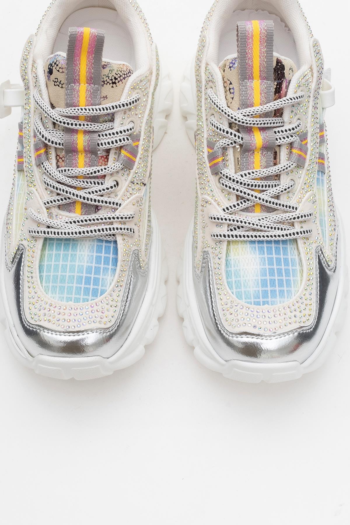 Noi - White/Silver Embellished Sneaker – side view showing leather, white, silver, Vowalisse