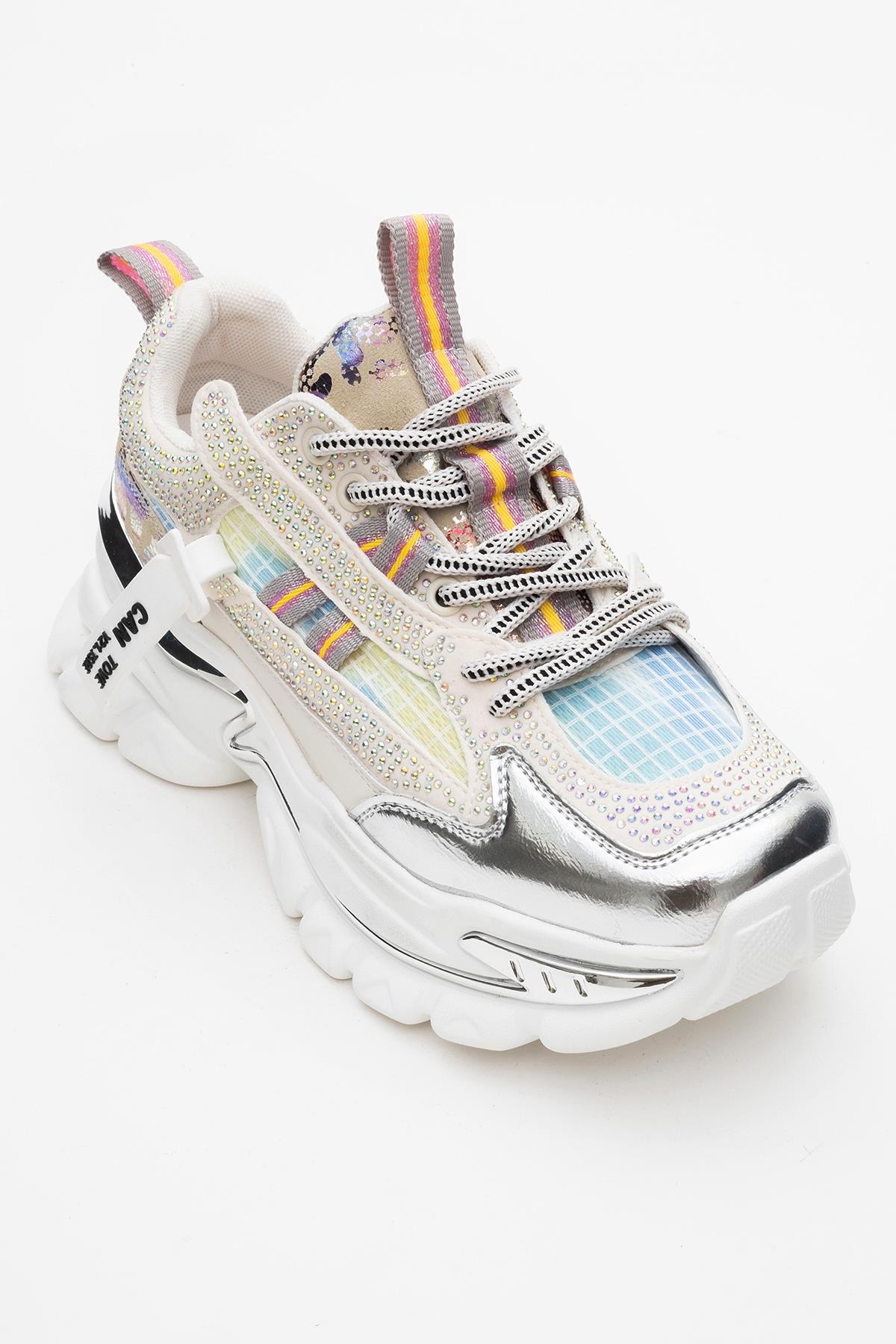 Noi - White/Silver Embellished Sneaker – detail view showing leather, white, silver, Vowalisse