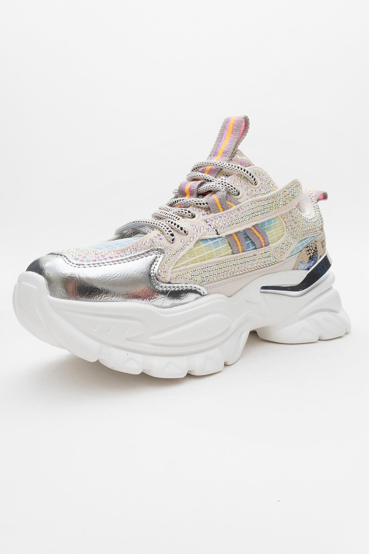 Noi - White/Silver Embellished Sneaker – heel view showing leather, white, silver, Vowalisse