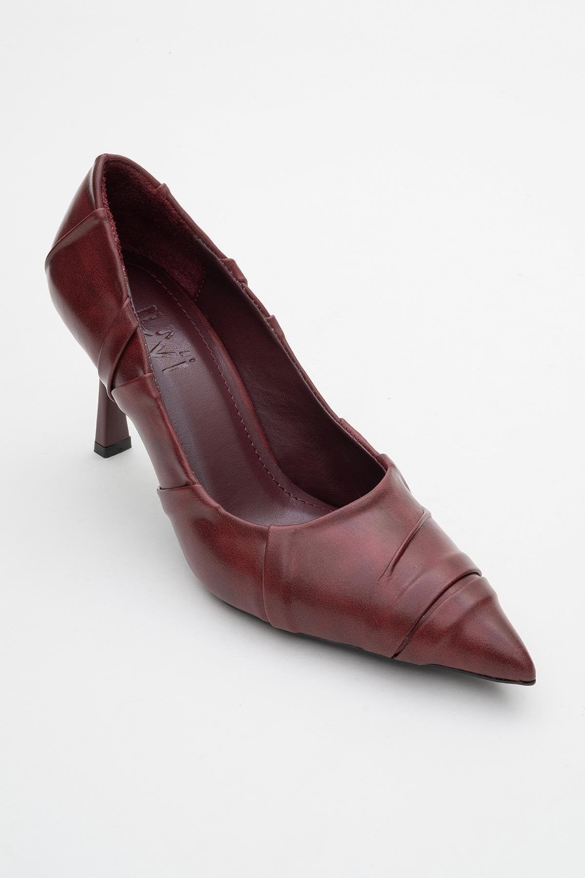 Anly - Burgundy Stiletto Pump – detail view showing leather, Vowalisse