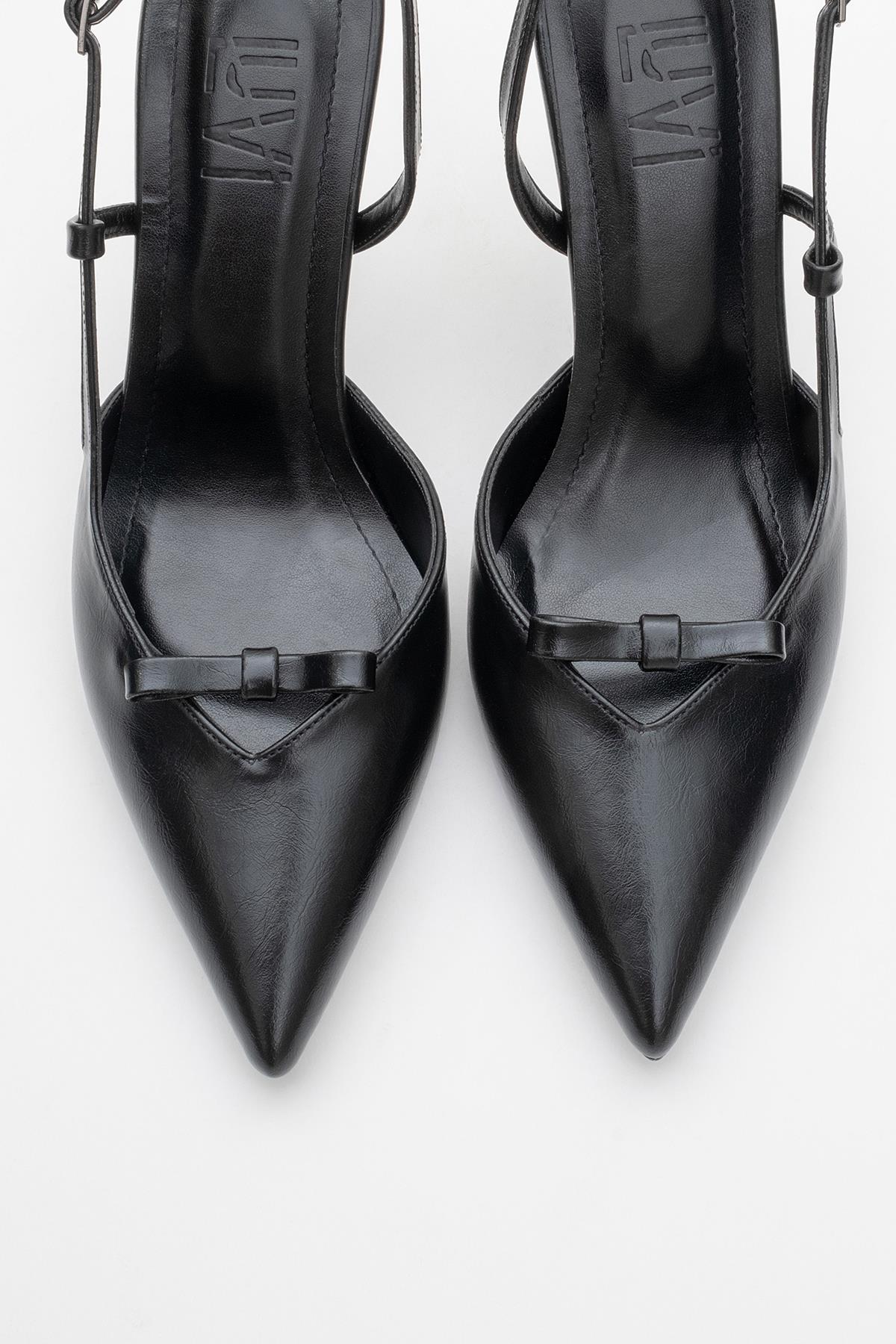 Apel - Black High Heel Shoe – side view showing bow, leather, black, Vowalisse