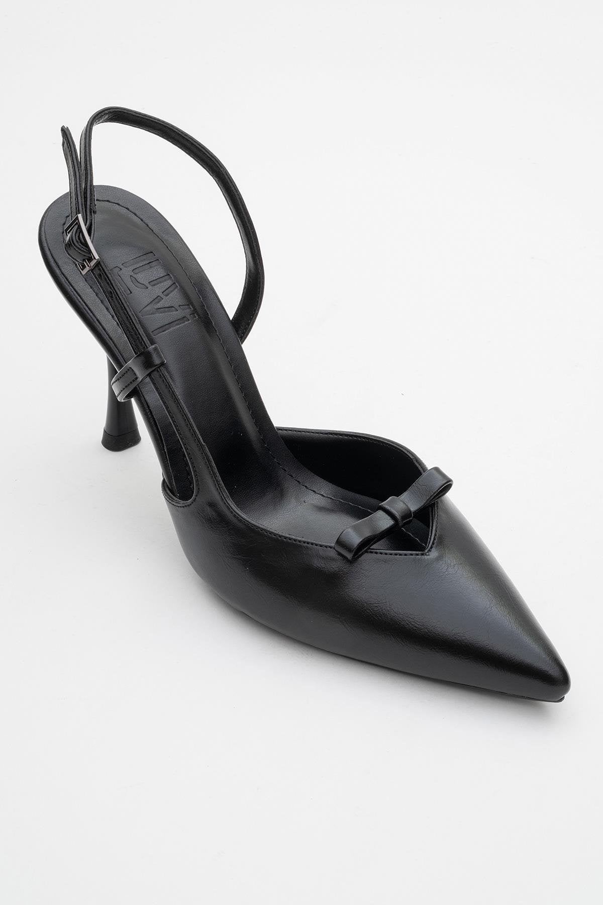 Apel - Black High Heel Shoe – detail view showing bow, leather, black, Vowalisse