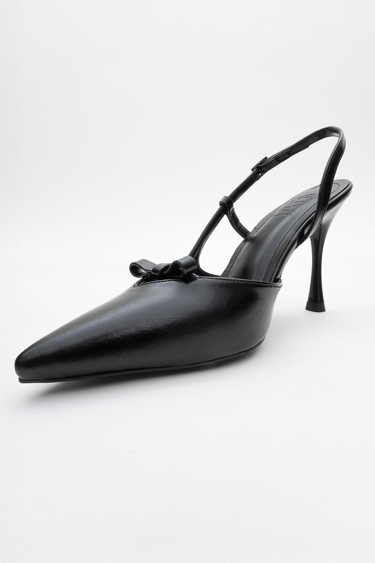 Apel - Black High Heel Shoe – heel view showing bow, leather, black, Vowalisse