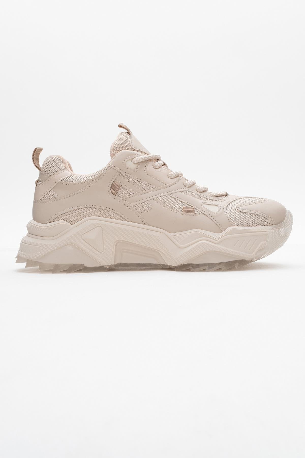 Loretta - Beige Sneaker – top view showing leather, Vowalisse