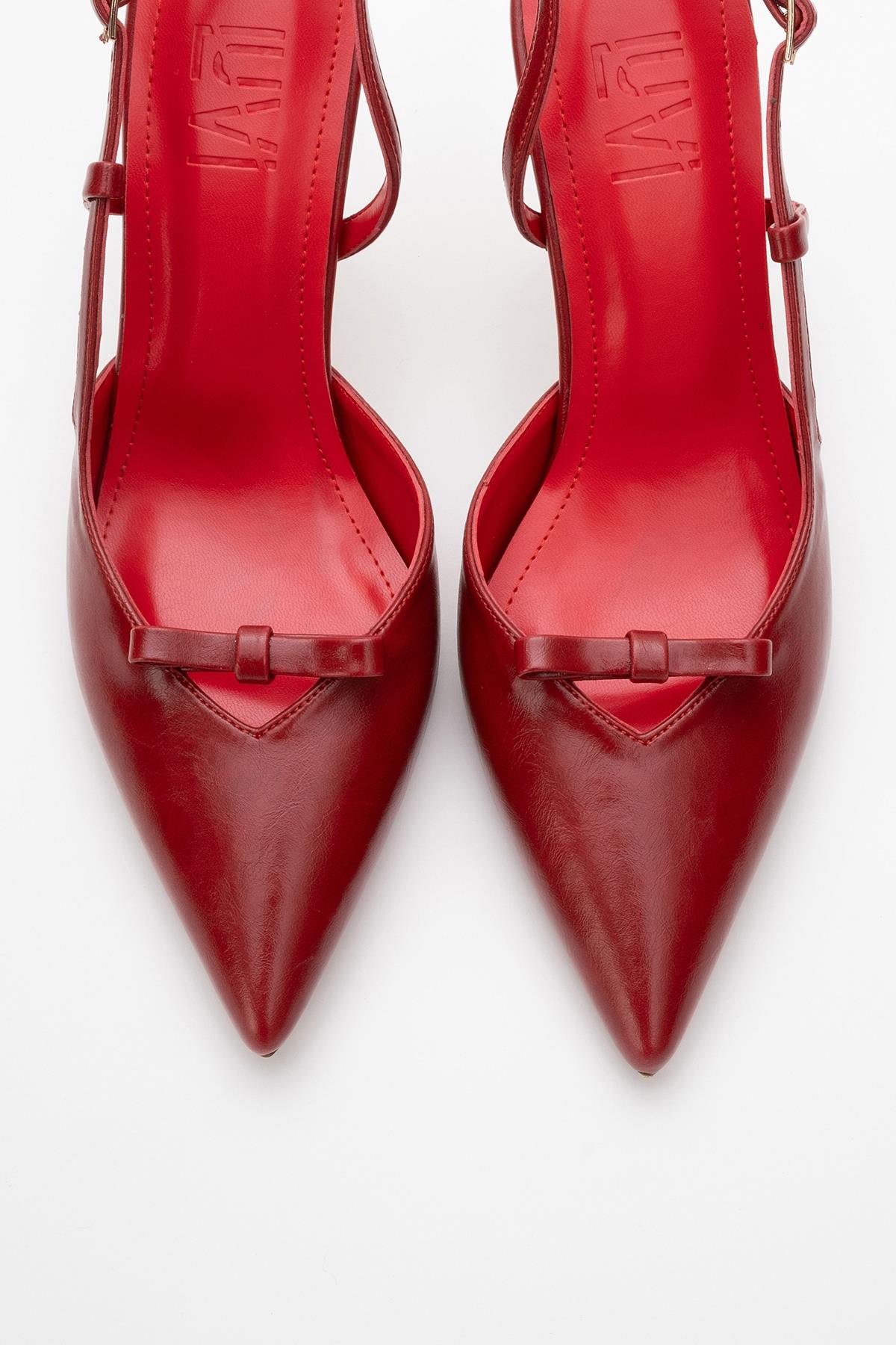 Apel - Red High Heel Shoe – side view showing bow, leather, red, Vowalisse