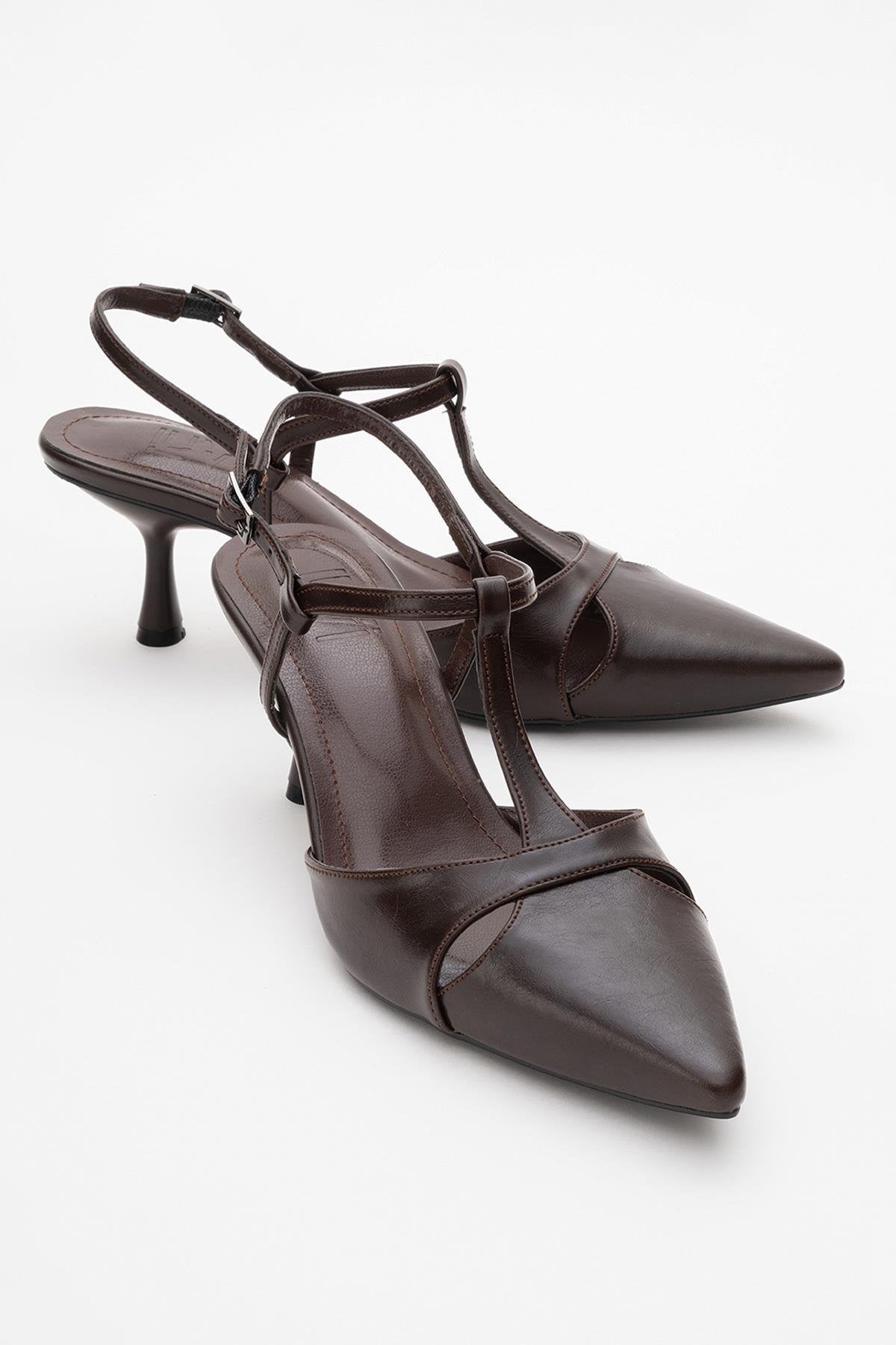 Abelia - Brown Stiletto Heel Shoe – front three-quarter view showing leather, red, Vowalisse