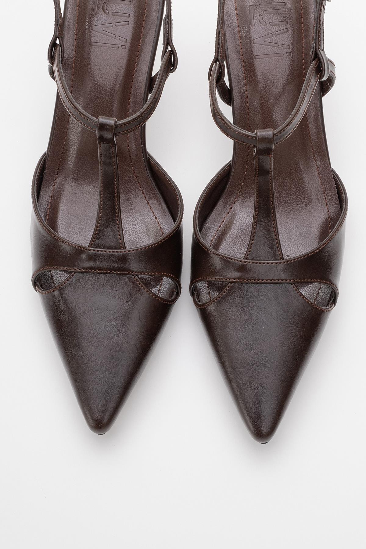 Abelia - Brown Stiletto Heel Shoe – side view showing leather, red, Vowalisse