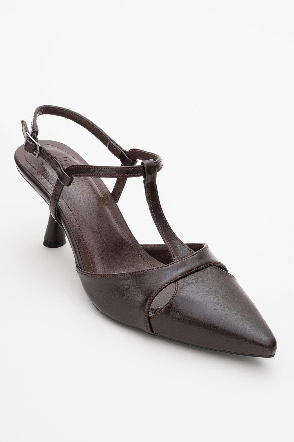 Abelia - Brown Stiletto Heel Shoe – detail view showing leather, red, Vowalisse