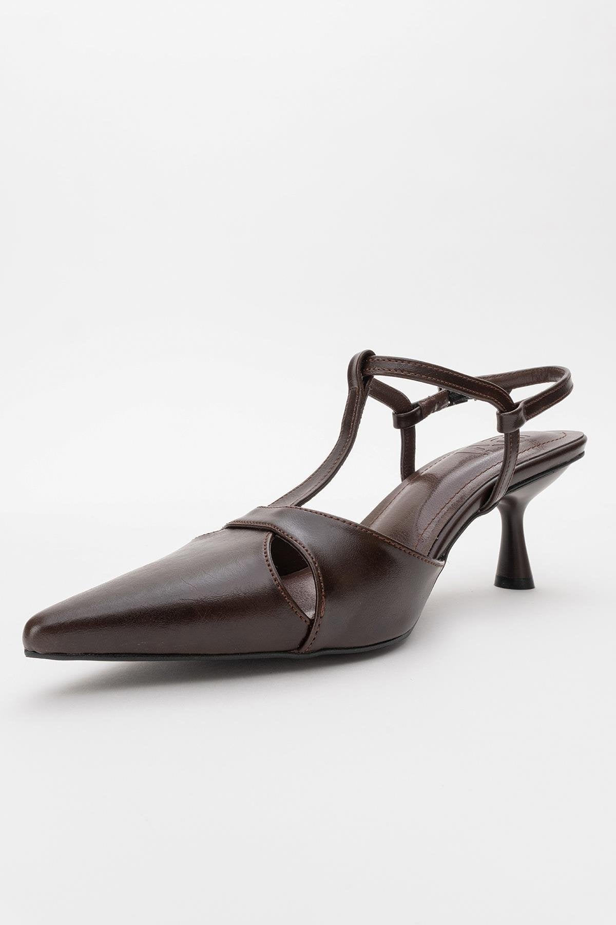 Abelia - Brown Stiletto Heel Shoe – heel view showing leather, red, Vowalisse