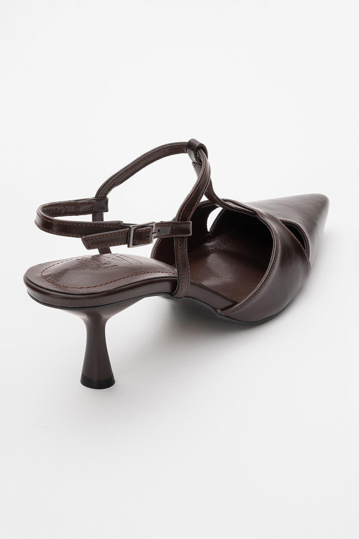 Abelia - Brown Stiletto Heel Shoe – back view showing leather, red, Vowalisse