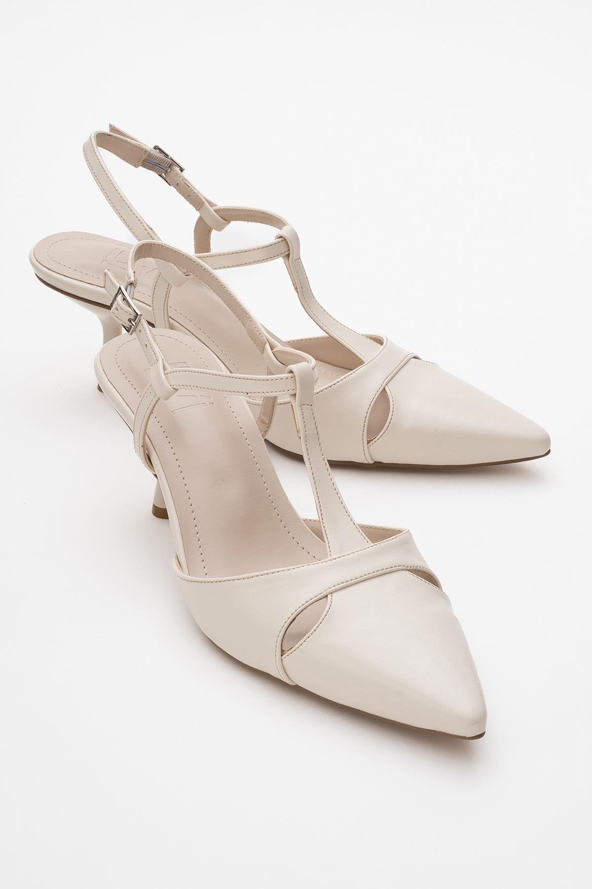 Abelia - Off-White Stiletto Heel Shoe – front three-quarter view showing leather, white, Vowalisse