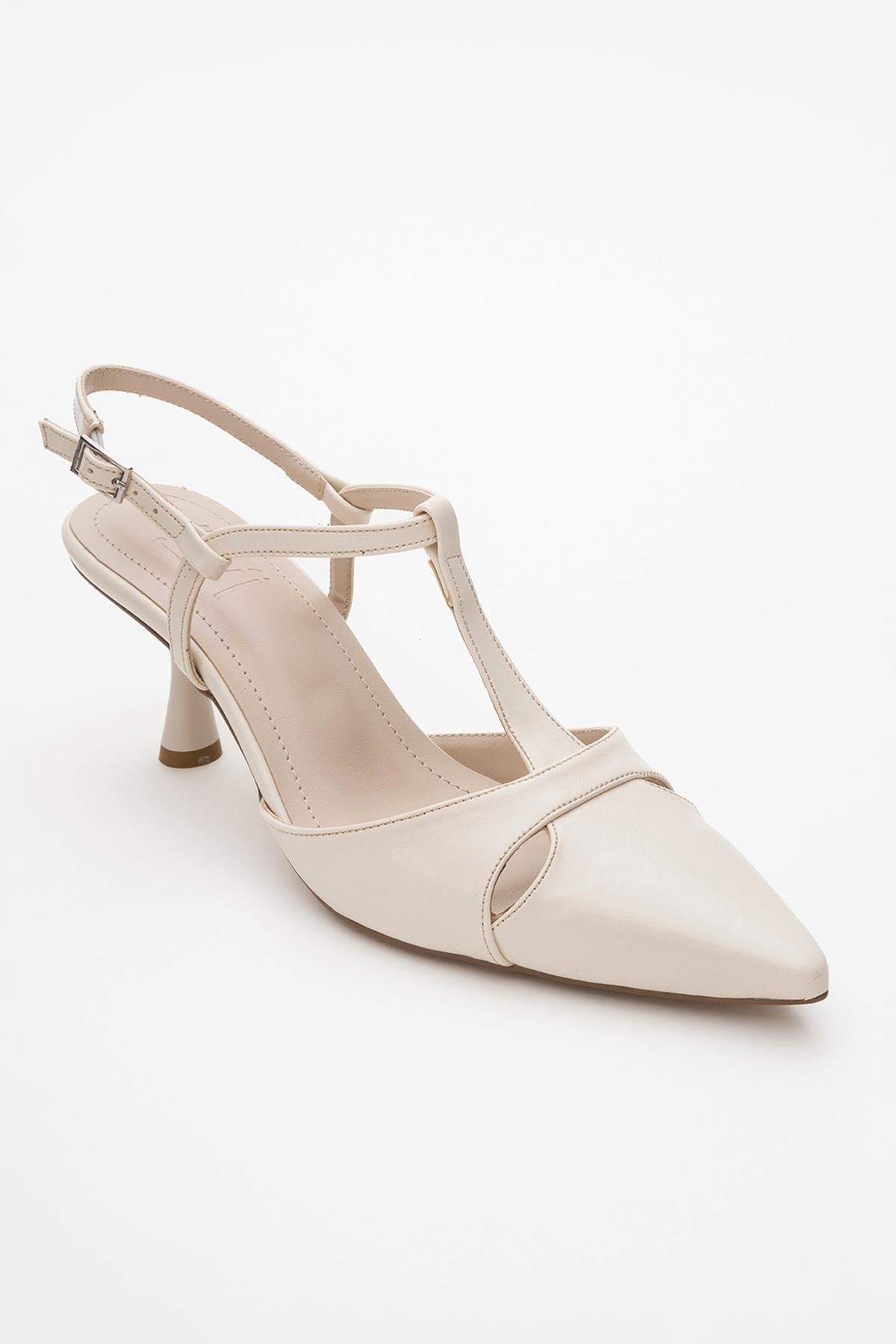 Abelia - Off-White Stiletto Heel Shoe – detail view showing leather, white, Vowalisse