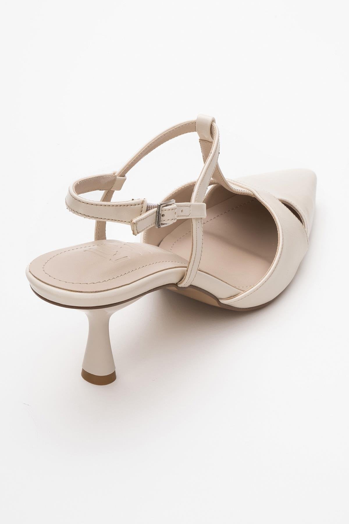 Abelia - Off-White Stiletto Heel Shoe – back view showing leather, white, Vowalisse