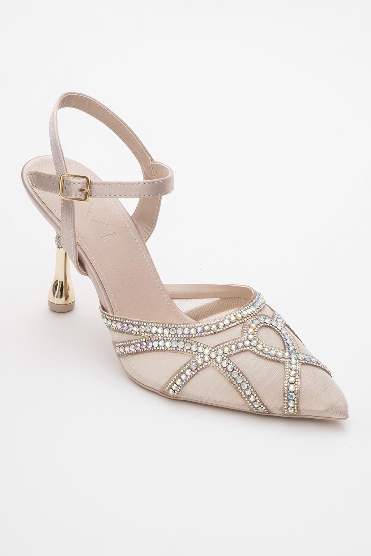 Volby - Beige Embellished Evening Shoe – detail view showing crystal, satin, leather, Vowalisse
