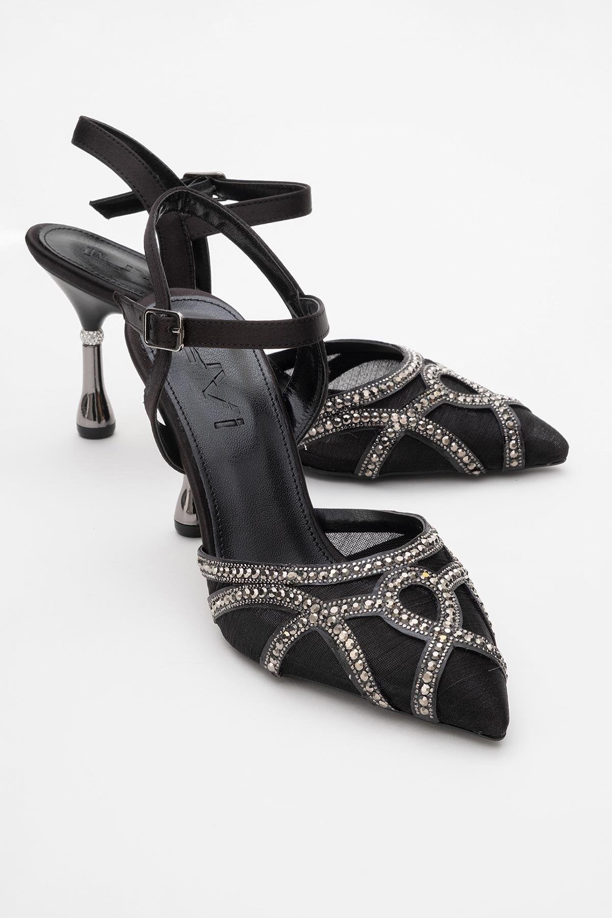 Volby - Black Embellished Evening Shoe – front three-quarter view showing satin, leather, black, Vowalisse