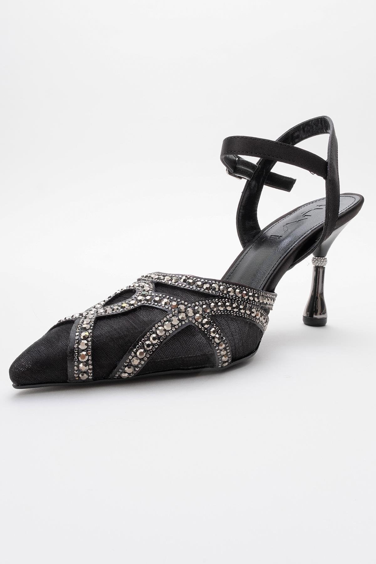 Volby - Black Embellished Evening Shoe – heel view showing satin, leather, black, Vowalisse