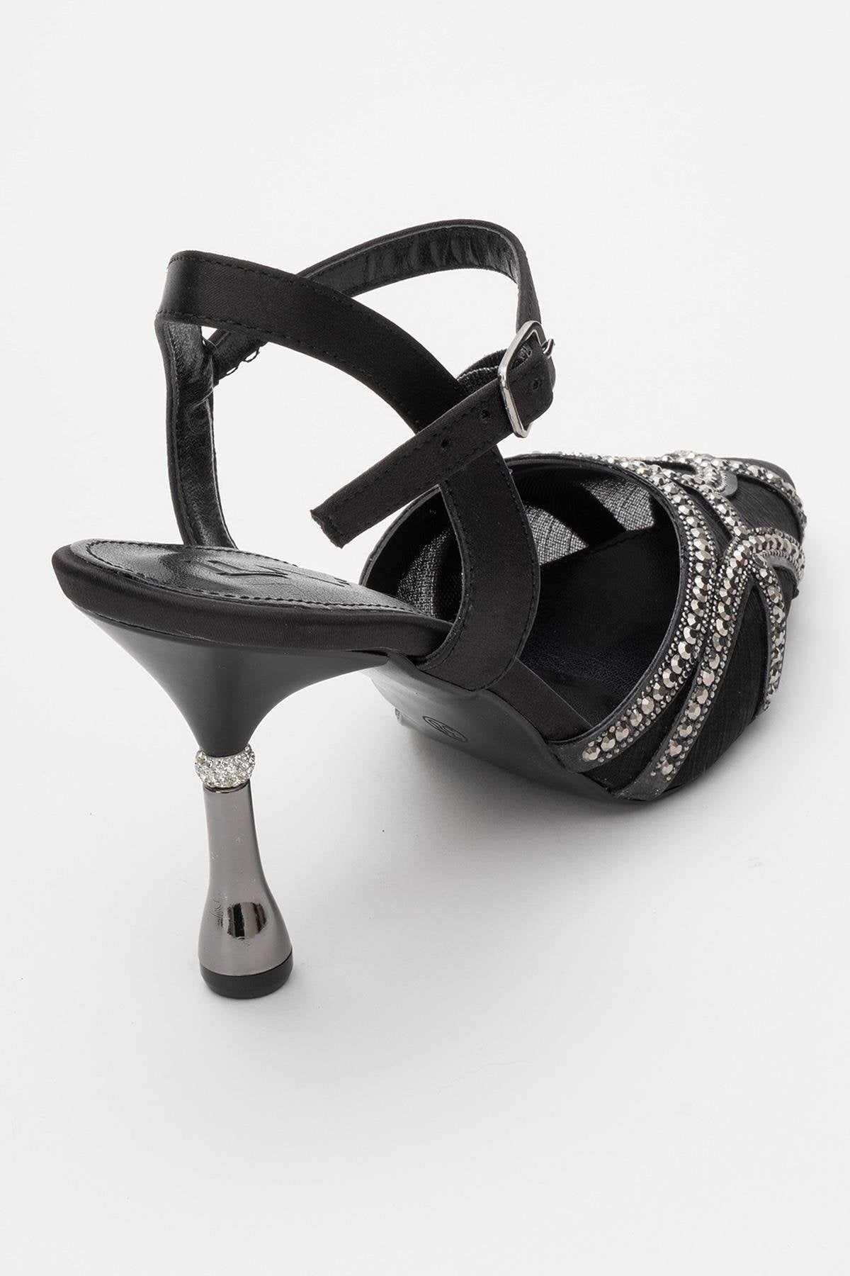 Volby - Black Embellished Evening Shoe – back view showing satin, leather, black, Vowalisse