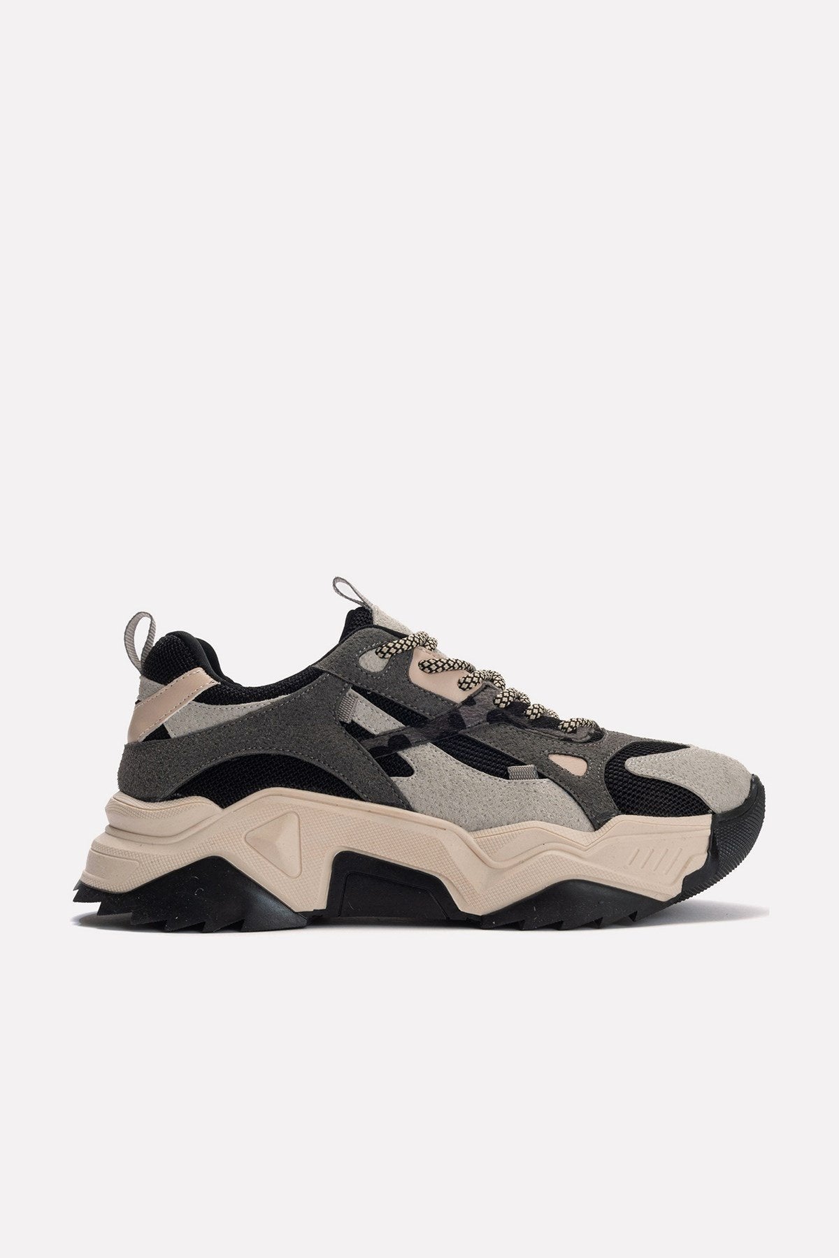 Loretta - Black Gray Platform Sneakers – top view showing black, red, Vowalisse