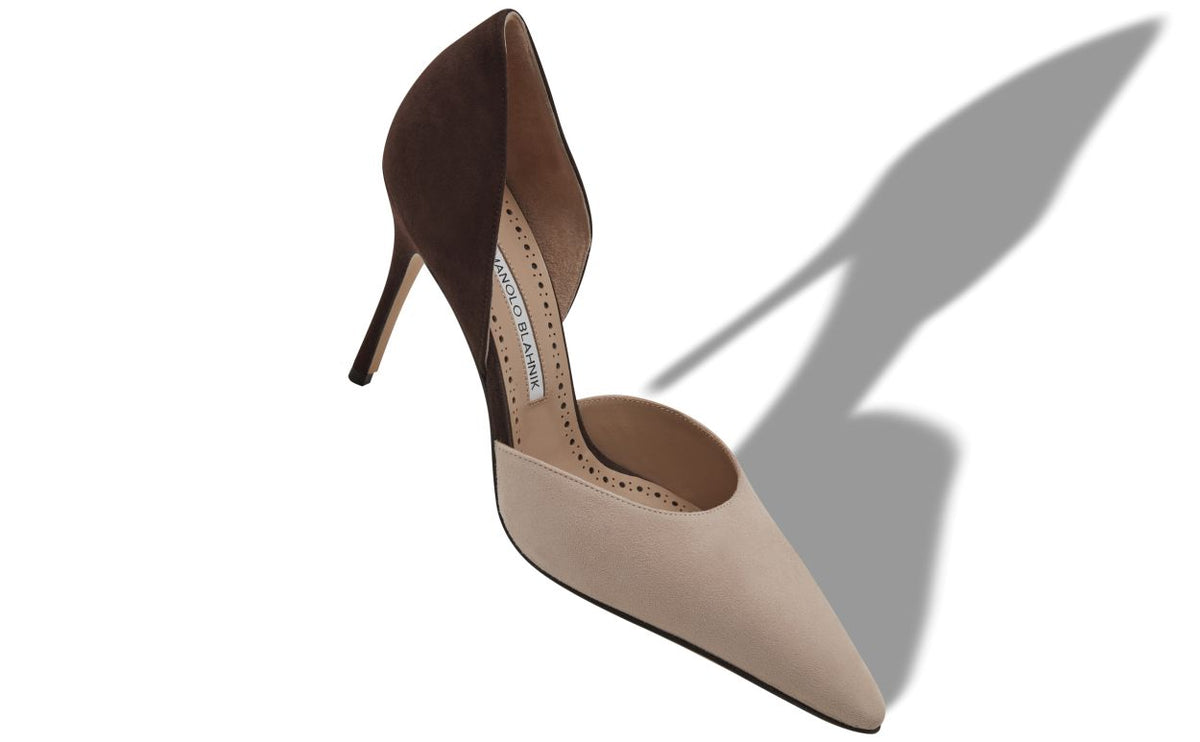 Anastasia Lace Brown Pointed Toe Pumps – front three-quarter view showing brown pointed toe, suede, Vowalisse