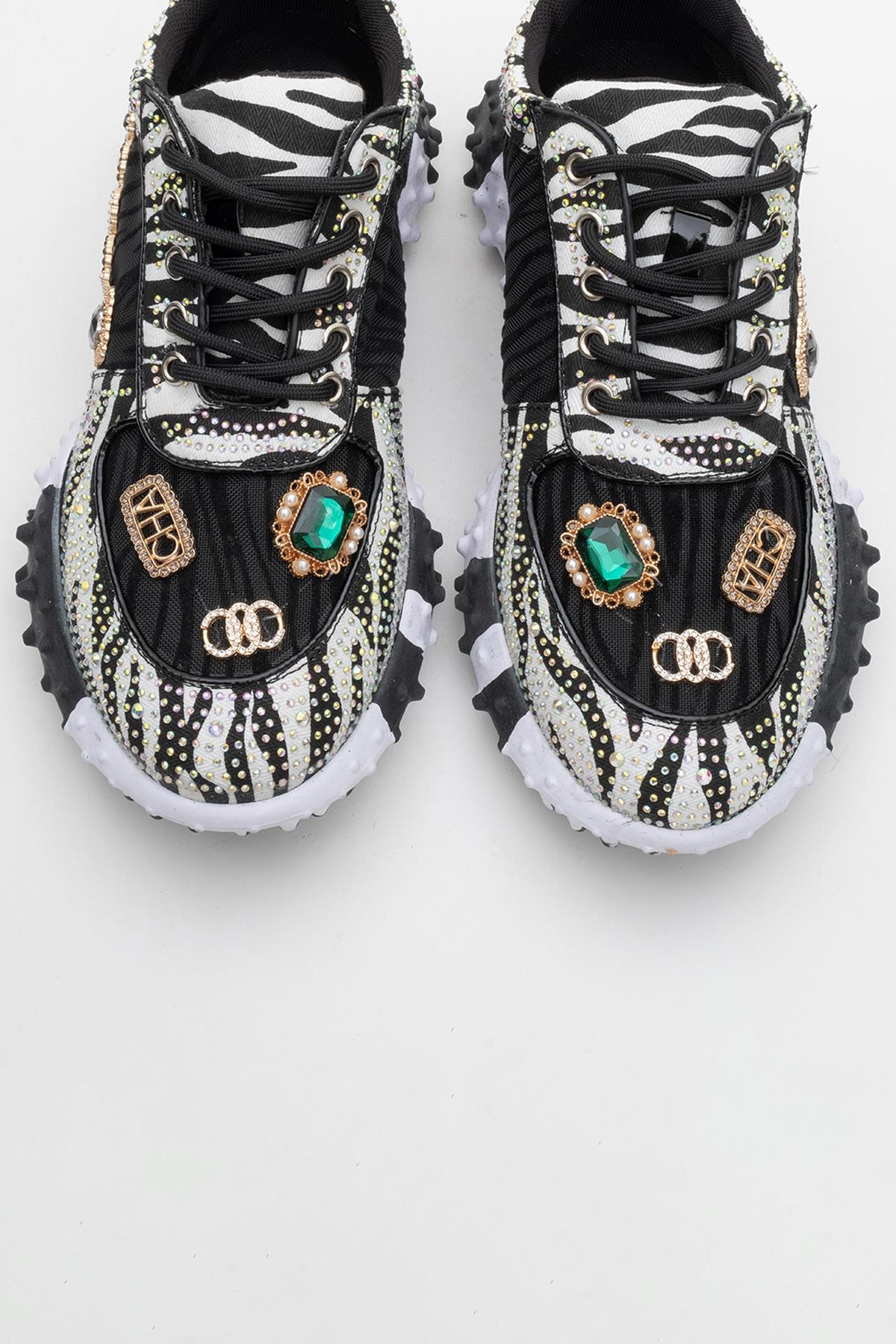 Vero - Black Patterned Jeweled Sneaker – side view showing leather, mesh, black, Vowalisse