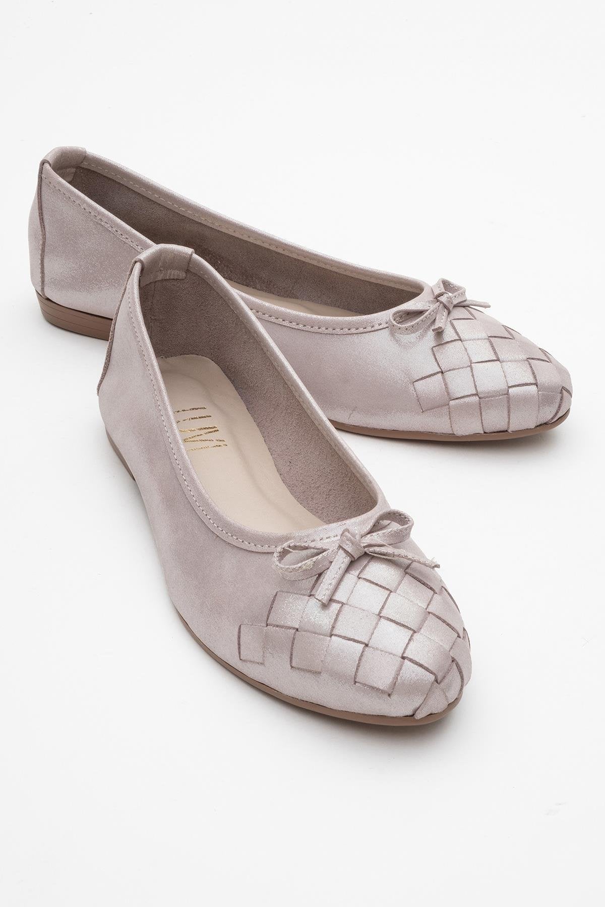03 - Beige Glitter Genuine Leather Ballet Flat – front three-quarter view showing leather, glitter, Vowalisse